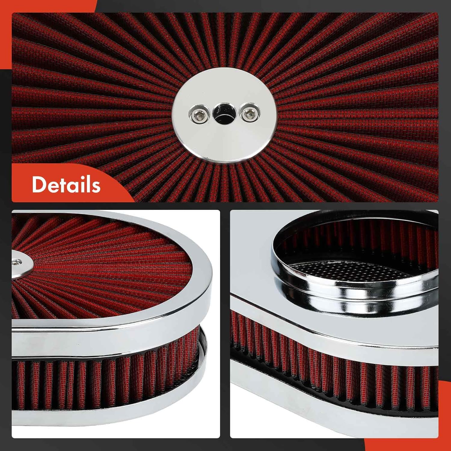 A-Premium Universal Air Cleaner Filter Assembly - 12" x 2", Oval Red Chrome Air Cleaner - Fit For 5-1/8" Carburetor Neck