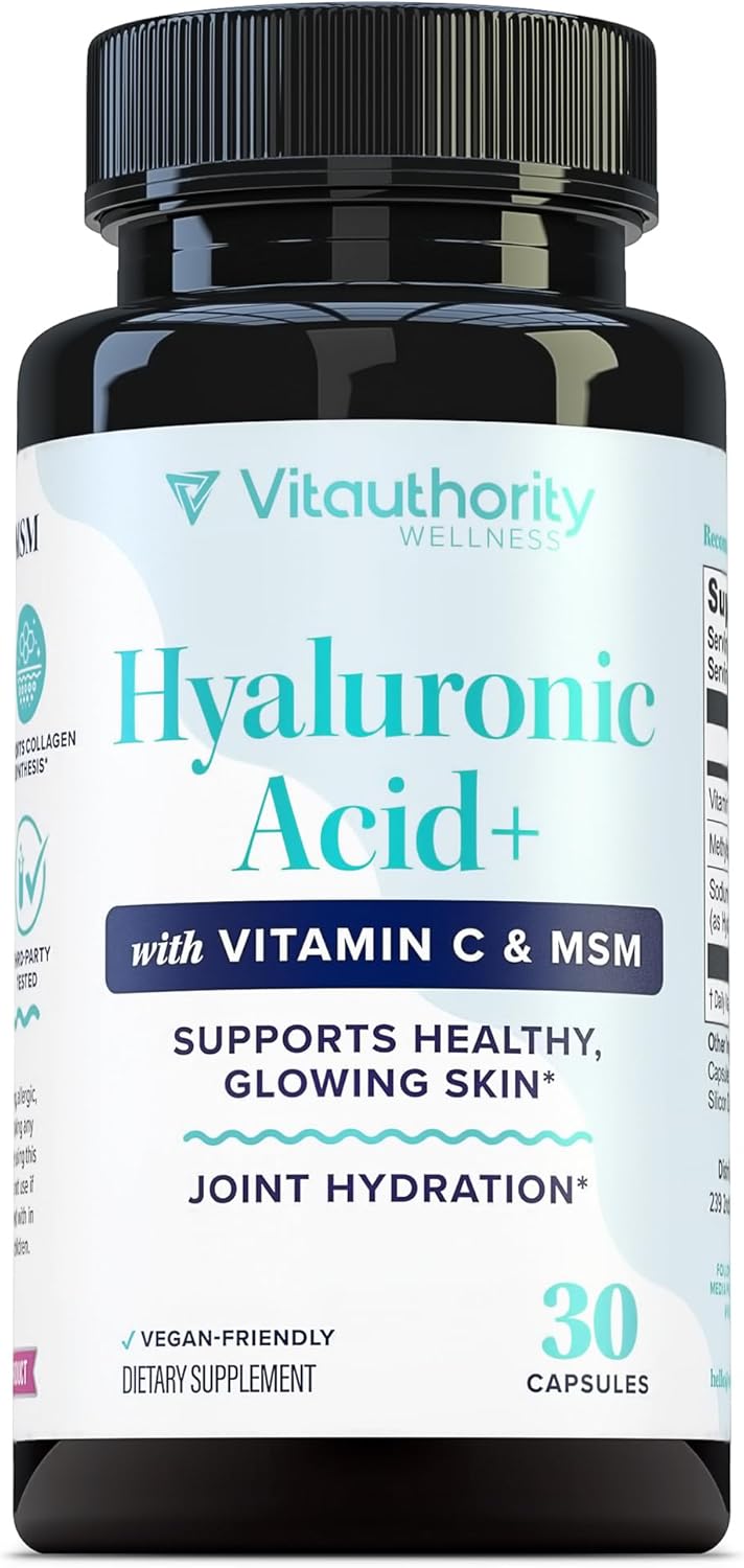 Hyaluronic Acid Capsules with MSM & Vitamin C | 120mg Sodium Hyaluronate | Skin Hydration, Elasticity & Collagen Support | Vegan, Non-GMO, Antioxidant Beauty Supplement 30 Servings