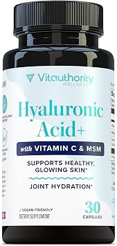 Vitauthority Hyaluronic Acid Capsules with MSM & Vitamin C | 120mg Sodium Hyaluronate | Skin Hydration, Elasticity & Collagen Support | Vegan, Non-GMO, Antioxidant Beauty Supplement 30 Servings