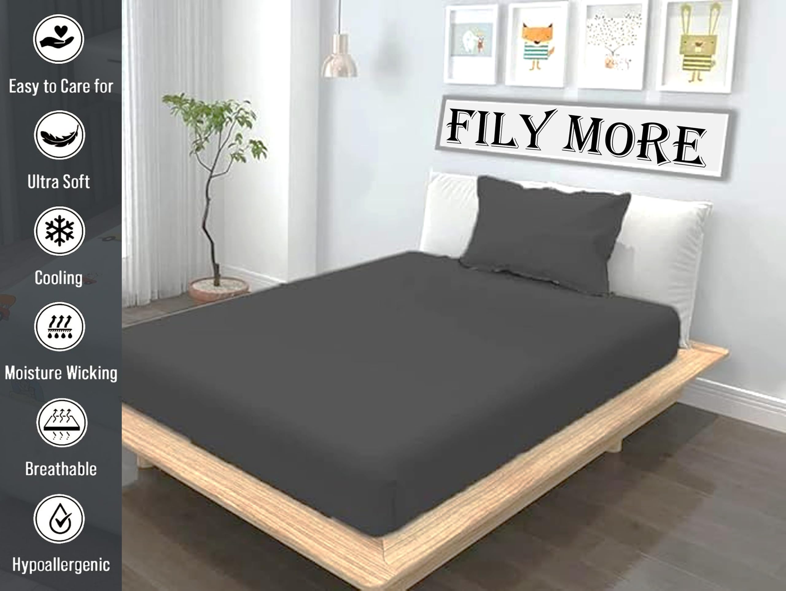 Filymore Solid Dark Grey bedsheet 240 Tc Microfiber Solid Single Color Bedsheet/bedcover for Singlesize Bed with 1 Pillow Cover (Size :90X60 inchs, Single, Dark Gray)