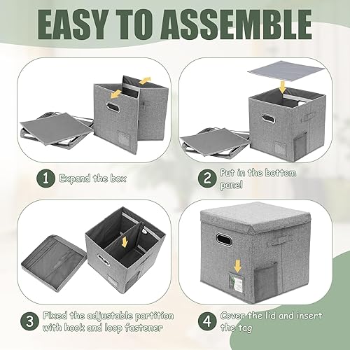 Miniatura 3 de Dandat 4 cajas de almacenamiento de discos de vinilo de 13 pulgadas con tapa, soporte para LP y asas, caja de almacenamiento de discos de lino, caja