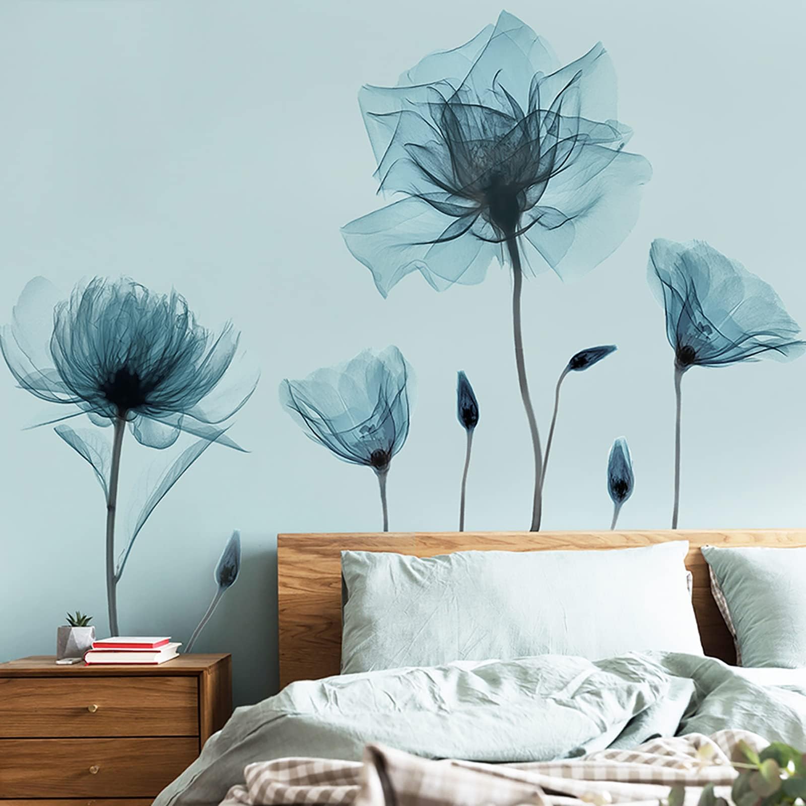 Blue Flower Wall Decals Peel and Stick Removable Decal Stick DIY Wall Stickers Murals Home for Bedroom Living Room Classroom Office