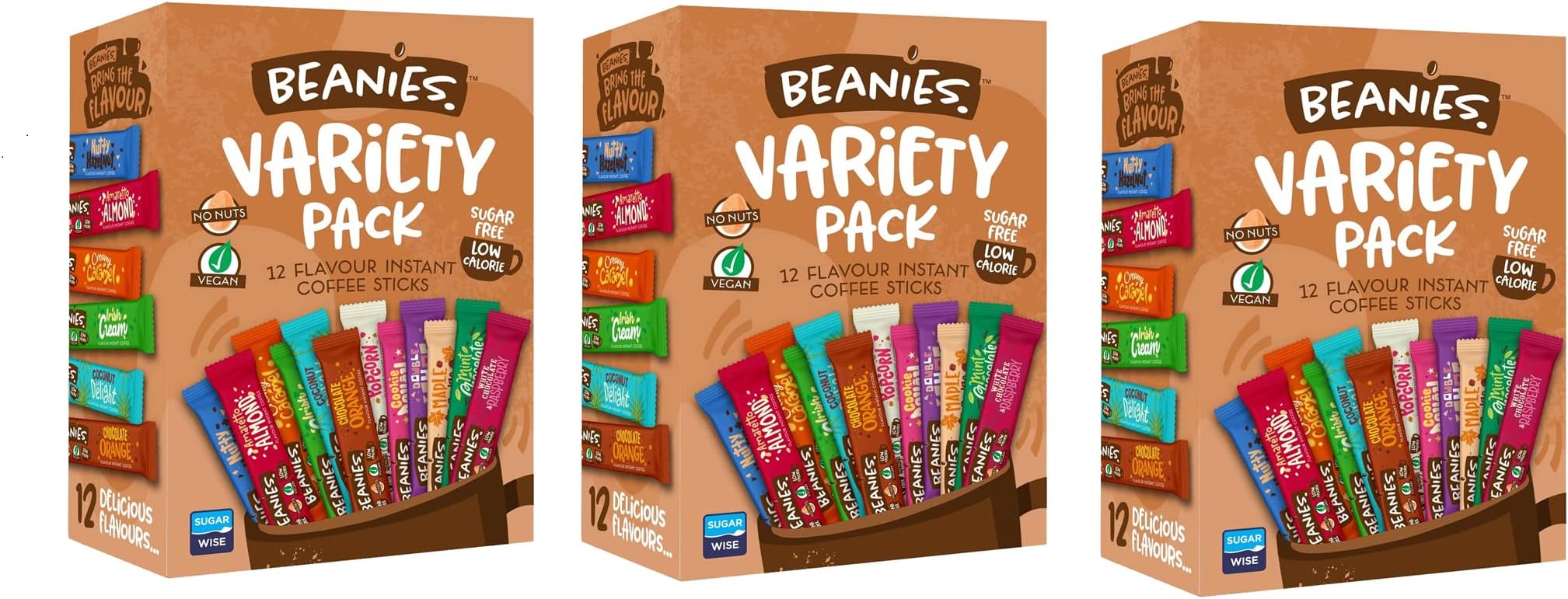 3 x Beanies Coffee Sachets Variety Box 12 Per Pack - Mixed Flavoured Instant Coffee - Vegan, nut free, low calories