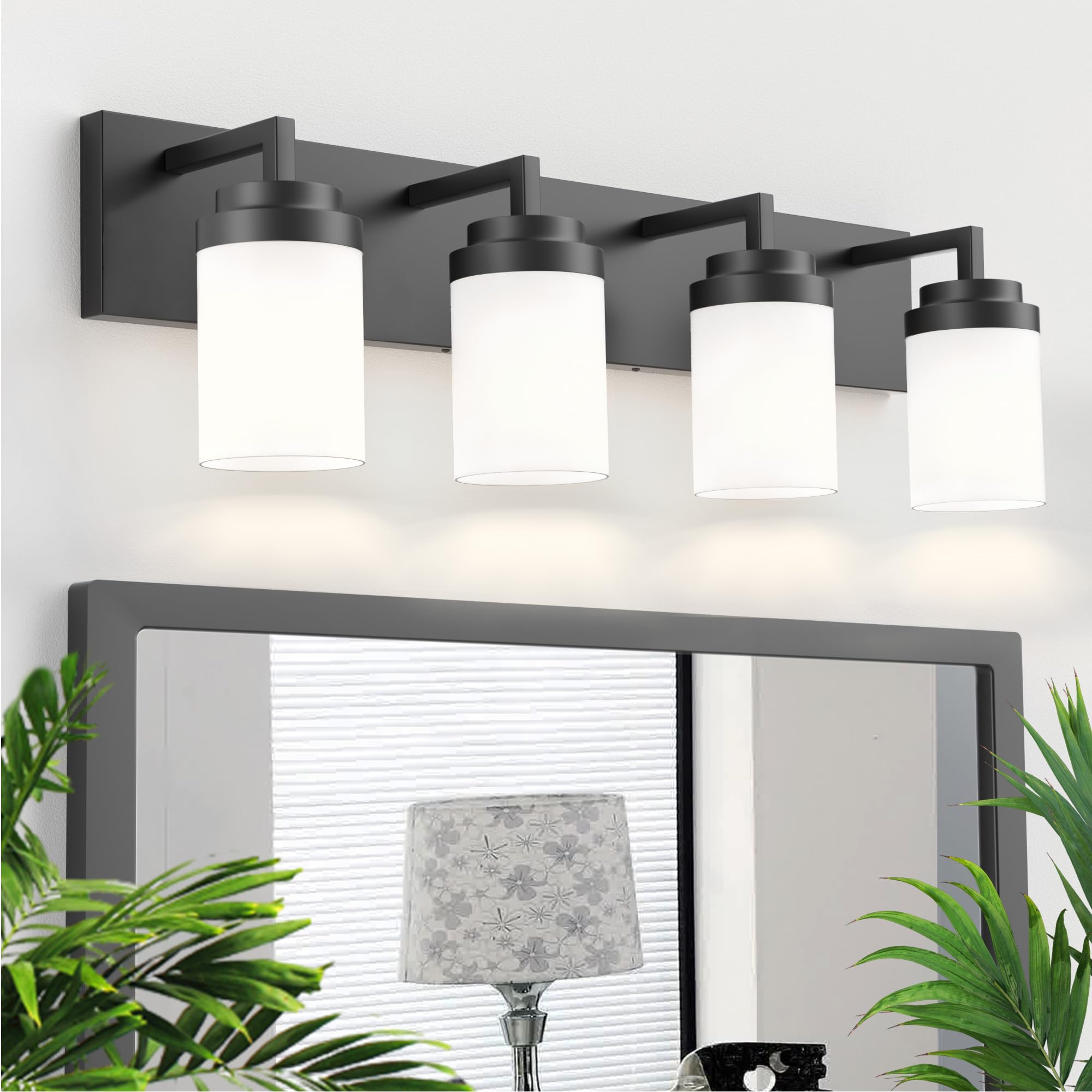 Espird Bathroom Vanity Light, 4 Light Matte Black Vanity Light with White Matte Glass Shade, 30in Farmhouse Wall Light, Lighting Fixtures Over Mirror for Bathroom