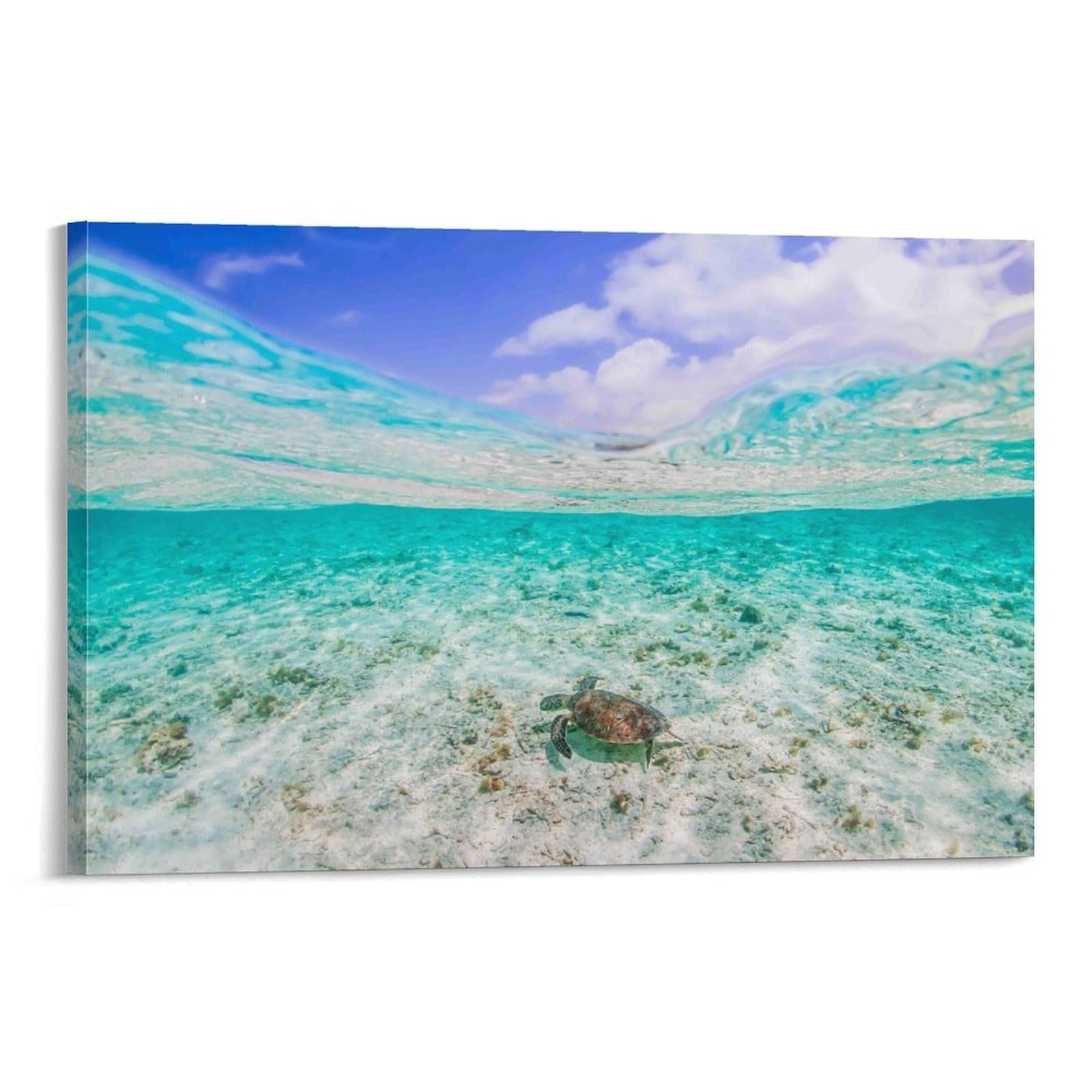CPLVKWRQJ Sea Turtle Underwater Single Piece Tiny Turtle in Clear Turquoise Shallow Sea Framed Wall Art - Office Canvas Print Fade Resistant Wall Focal Art Decor 20x30inch(50x75cm)