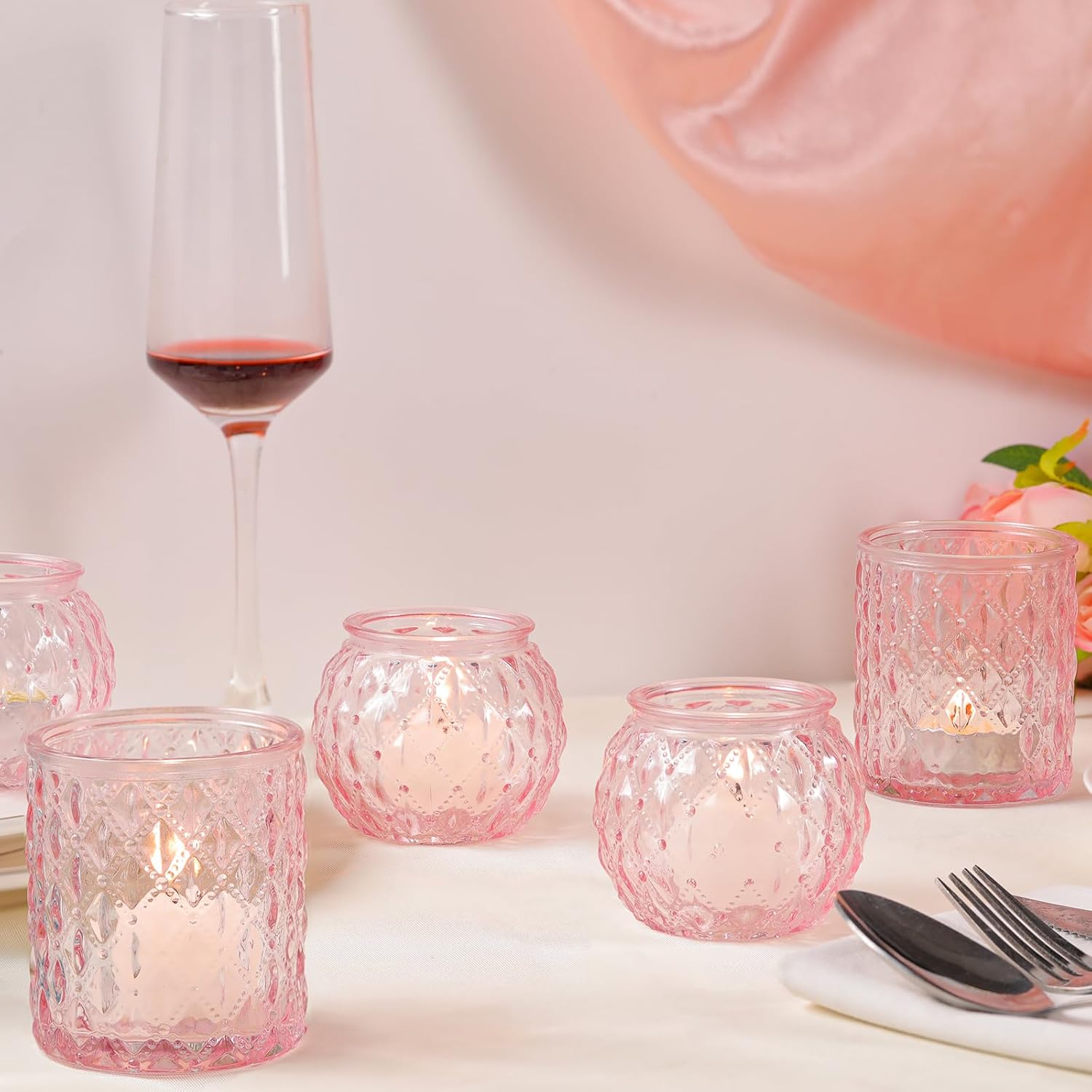 DARJEN Pink Votive Candle Holders- 10Pcs Glass Tealight Candle Holder