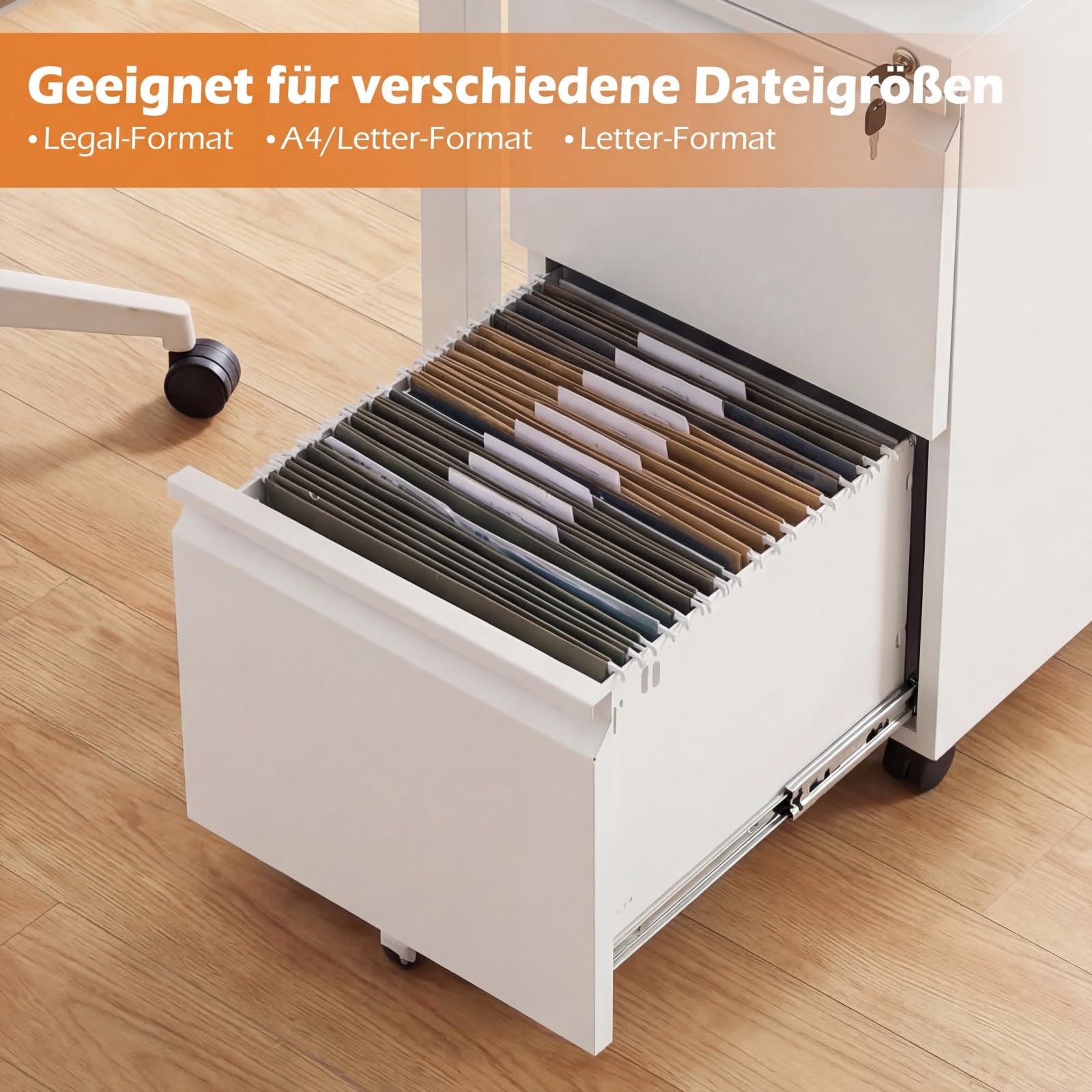 COSTWAY Rollcontainer abschließbar aus Metall, Aktenschrank unter Schreibtisch, Bürocontainer mit 2 Schubladen & Hängeregistratur für Dokumente, Metallschrank mit 5 Rädern, 44 x 37 x 67 cm (Weiß)