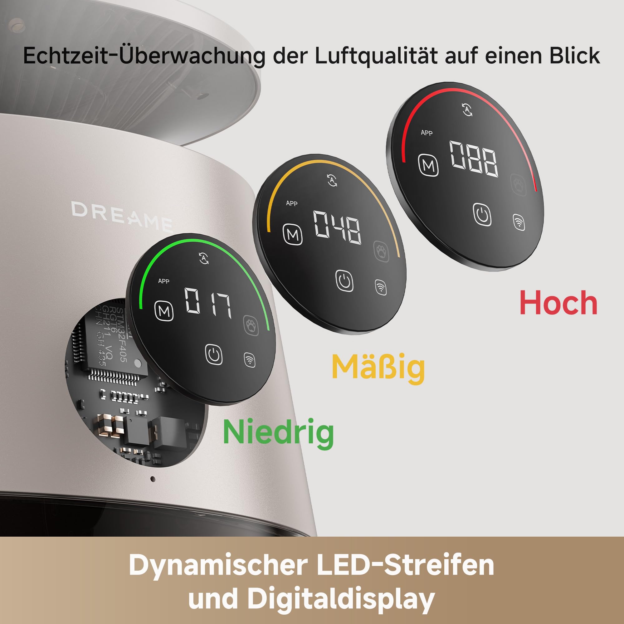 DREAME Haustier-Luftreiniger AP10, 360°-Luft-Unterdruck-Rückführungssystem mit fünfstufiger Reinigung. Transparenter Behälter, geschwungene Oberseite und LED-/Beleuchtung mit App-Steuerung