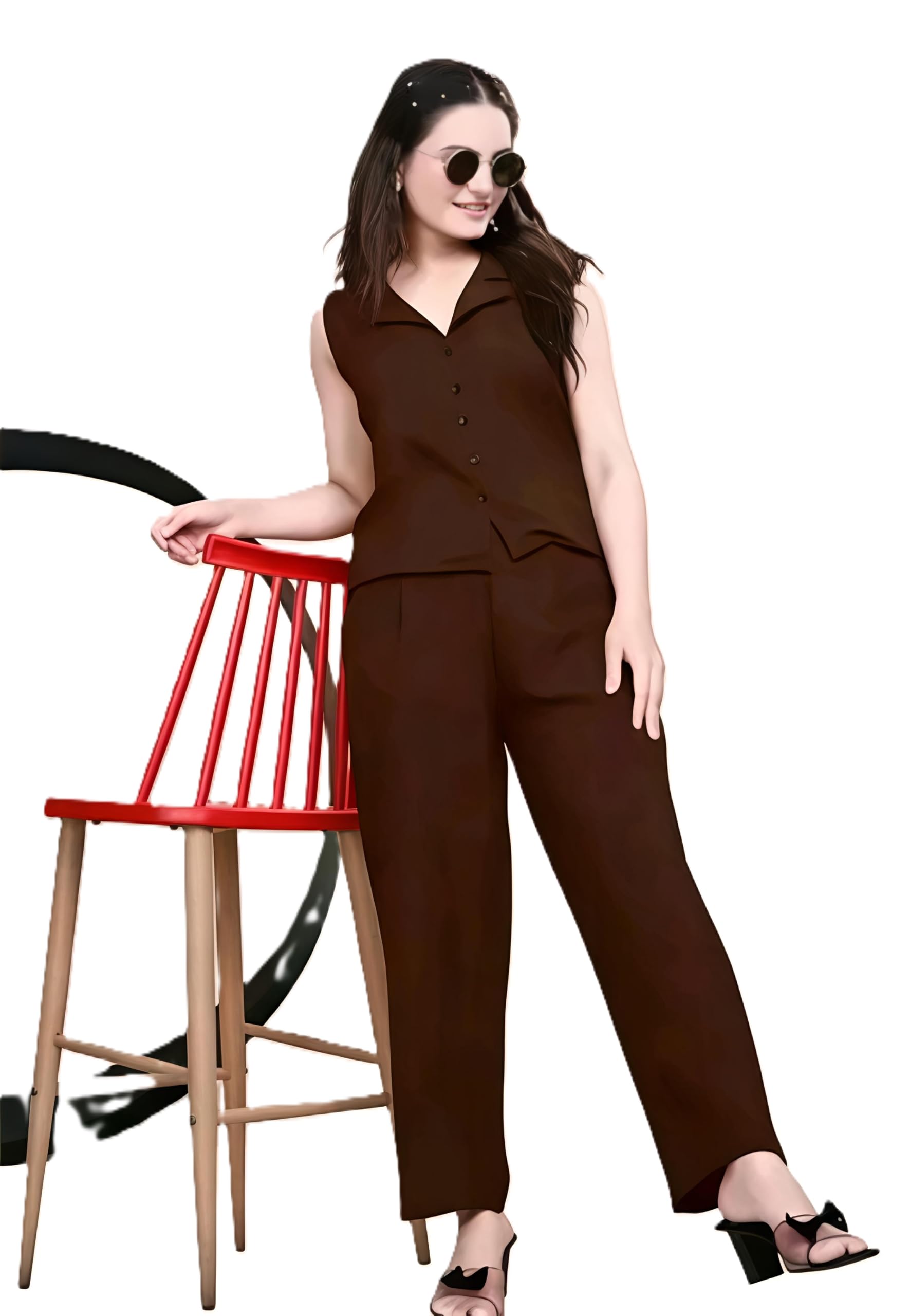 Women's Solid Waist-Coat Relaxed Fit Co-ord Set Brown-image-11