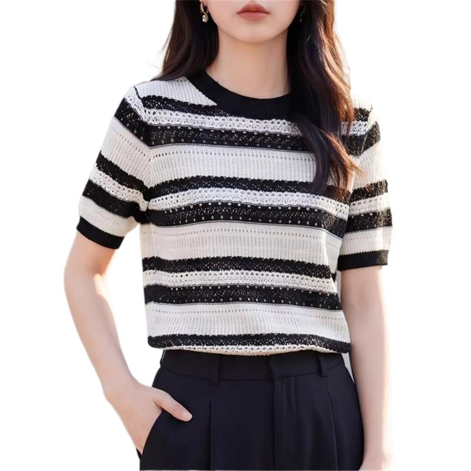 MORISTE T-Shirt a Maglia Donna Collo Tondo, Top Aderente Maniche Corte per Estate