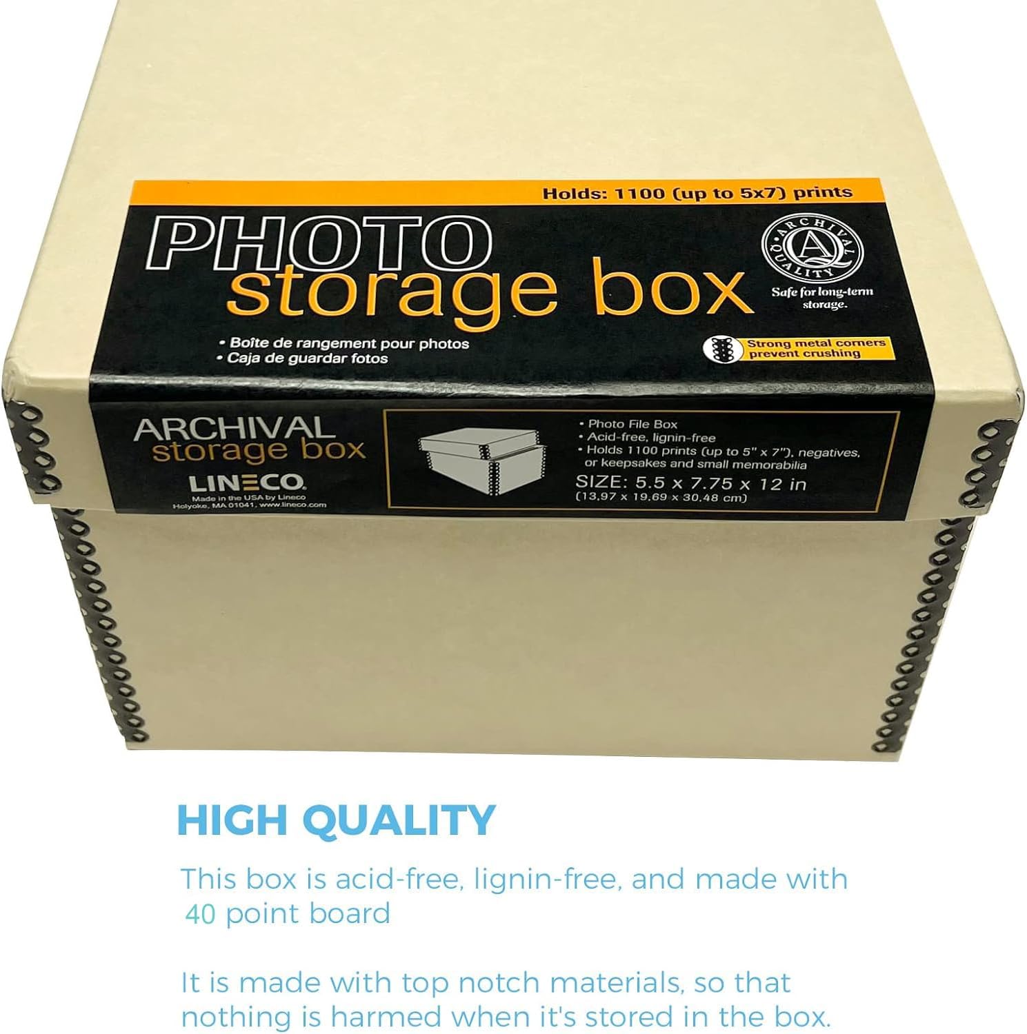 Lineco Archival Photo Storage Box, Holds up to 1100 of 5x7 Pictures, 4x6 Photograph Container with Removable Lid. Preserve Snapshot, Negatives, Prints, Films, Card, 5"x7"x12", Tan, 2 Pack