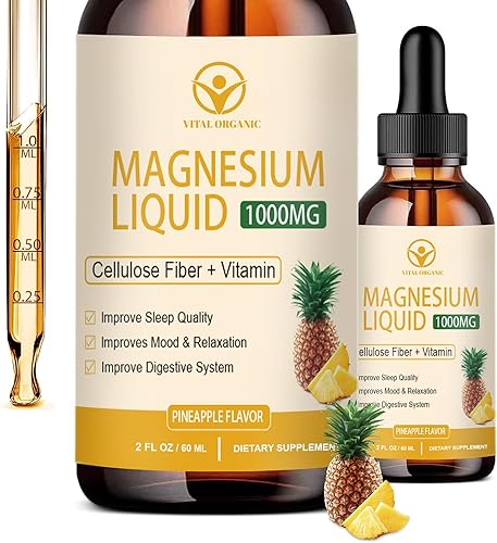Suplemento complejo de magnesio 7 en 1, líquido de glicinato de magnesio con fibra de celulosa, bromelina y vitamina B, C, D, zinc para un estado de