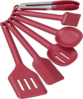Kitchen Utensils Set 6 PCS,Silicone Cooking Utensils Set Spatula Set,446℉ Heat Resistant Cooking Utensils,Tongs,Spoon,BPA Free Kitchen Gadgets Appliances for Non-Stick Cookware,Home Essential(Red-6P)