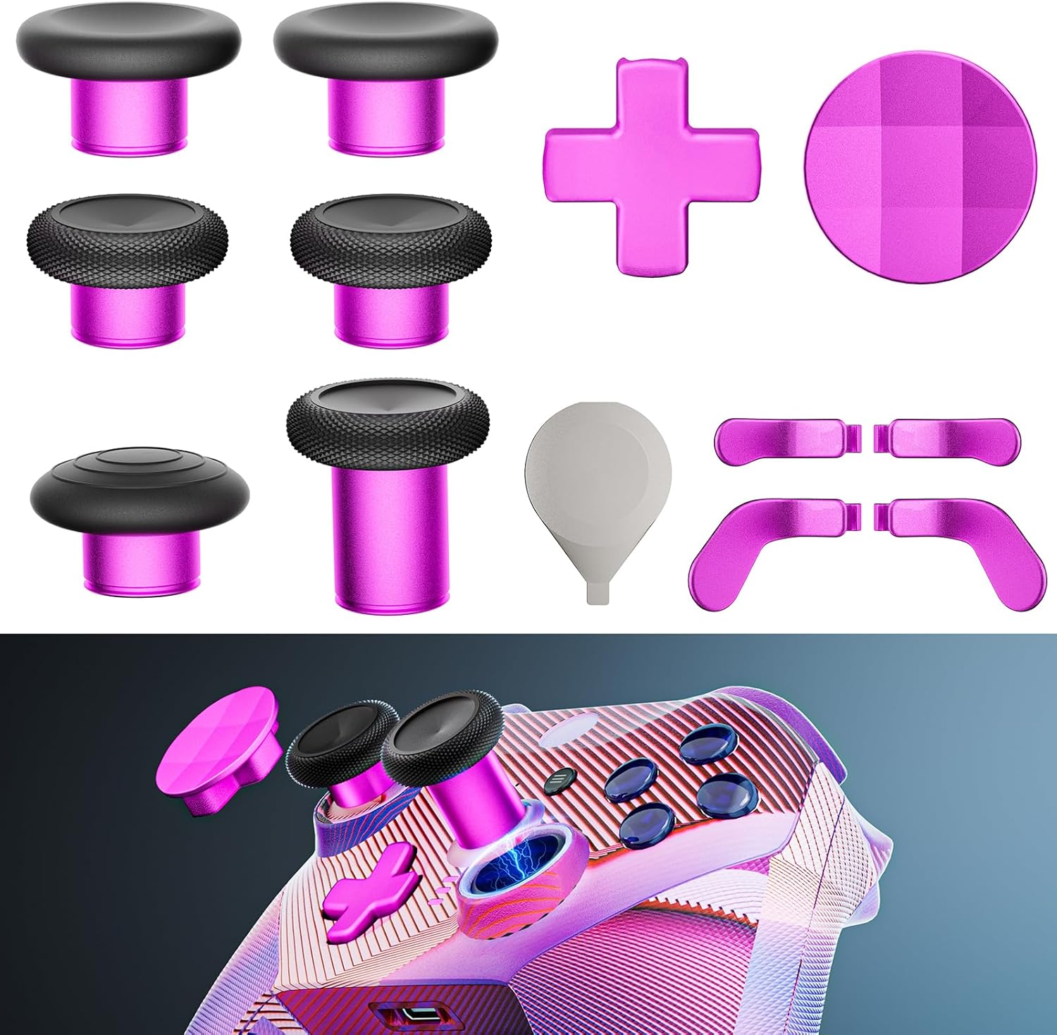 14-in-1 Controller Accessories Kit Compatible with Xbox Elite Series 2, 6 Premium Metal Thumbsticks, Swap Joysticks, 4 Interchangeable Paddles, 2 D-Pads, 1 Tool & 1 Storage Bag (Magenta)