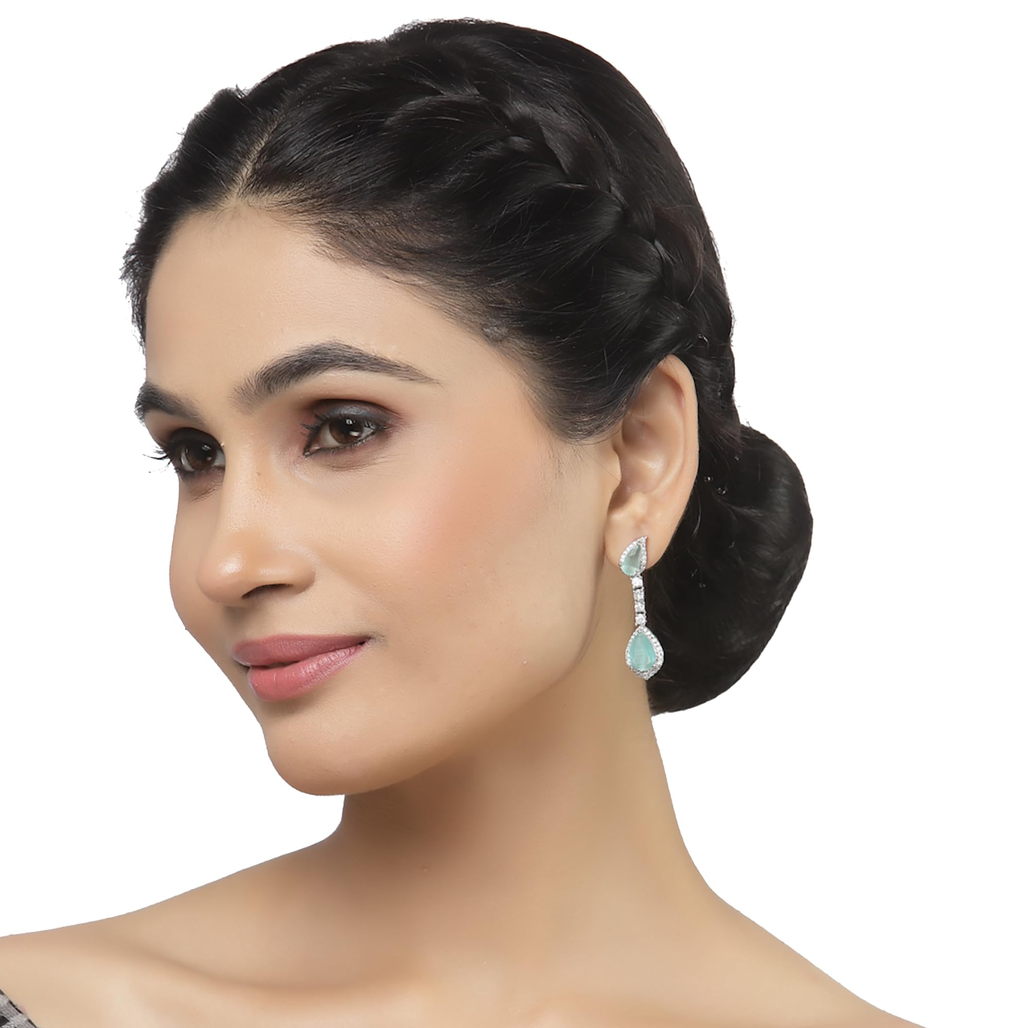 Rhodium-Plated Teardrop Drop Earrings with American Diamond Studding