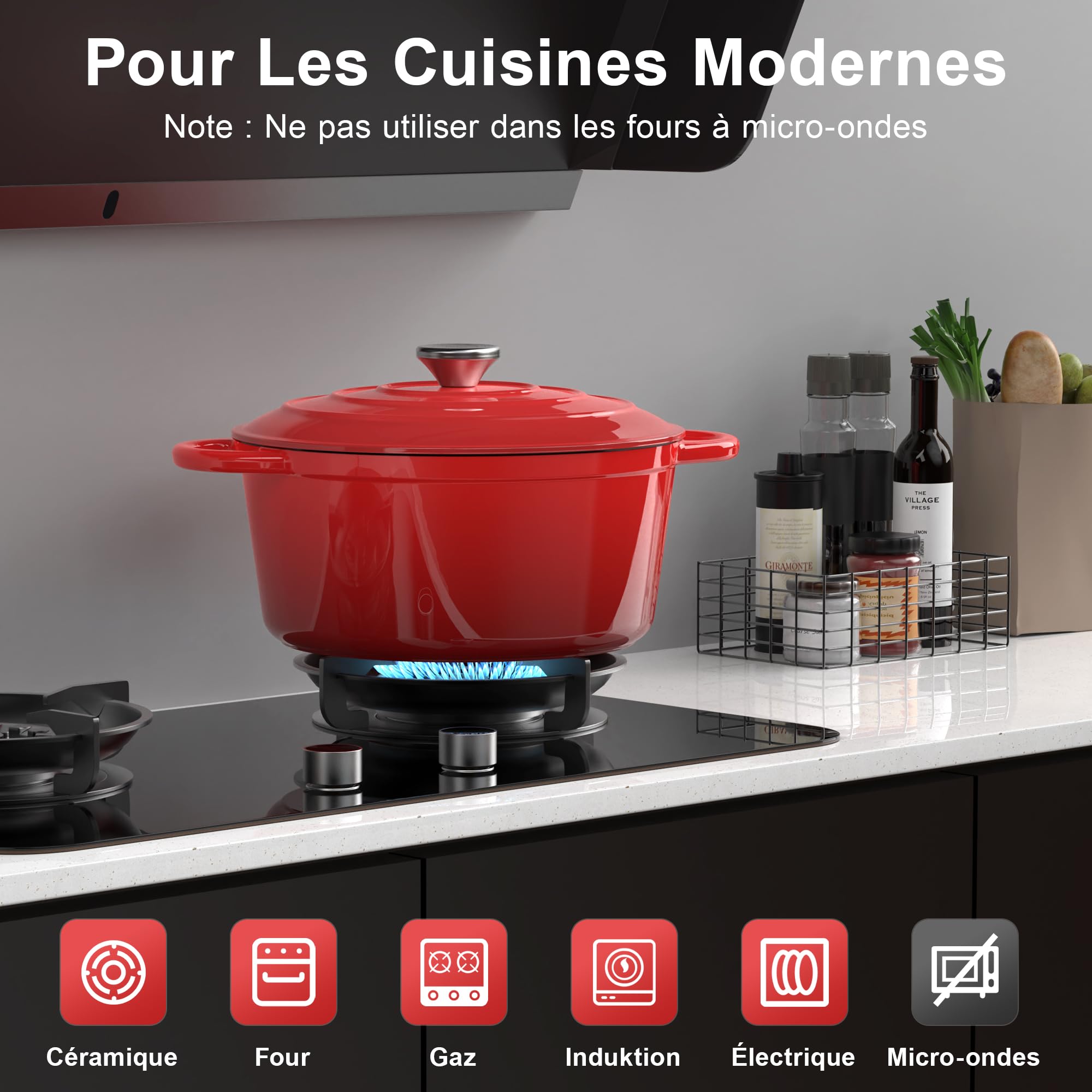 Cocotte Fonte - 26cm Rouge Faitout Marmite Four Hollandais avec Couvercle, Topbooc 5L Dutch Oven Émaillée Compatible Induction, Gaz, Four, Casserole pour Braiser Ragoûts Rôtir Pain