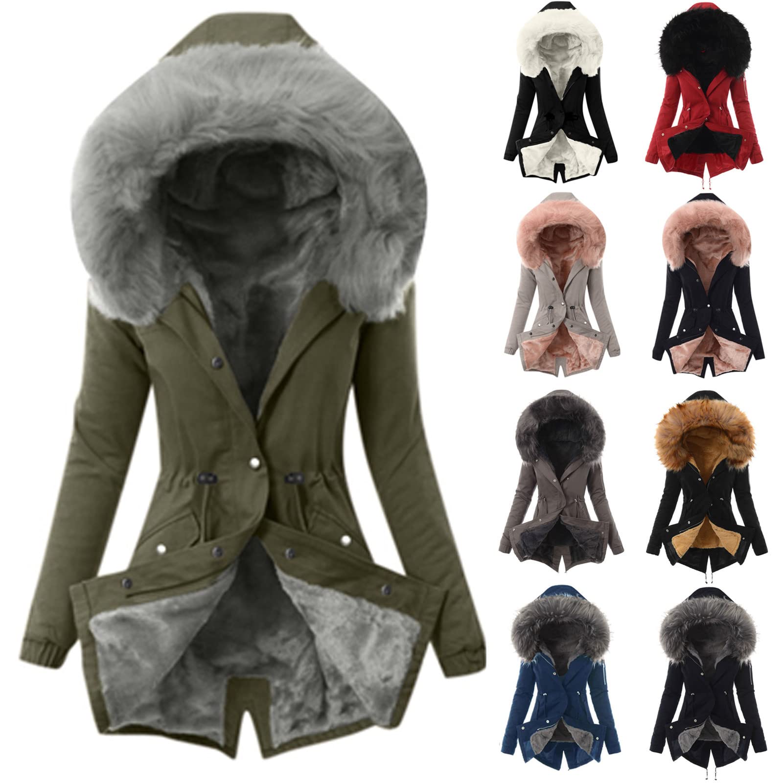 EMATOP Damen Wintermantel Lange Jacke mit Kapuze Teddyfell Fleecejacke Warme Outdoorjacke