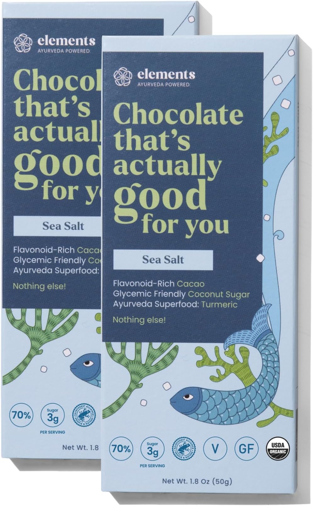 Elements Truffles Sea Salt Flavoured Dark Chocolate Bar| Ayurvedic, Vegan & Gluten Free | No Refined Sugar & Artificial Flavours | Enriched with Cocoa, Coconut Sugar & Turmeric 50g (Pack of 2)