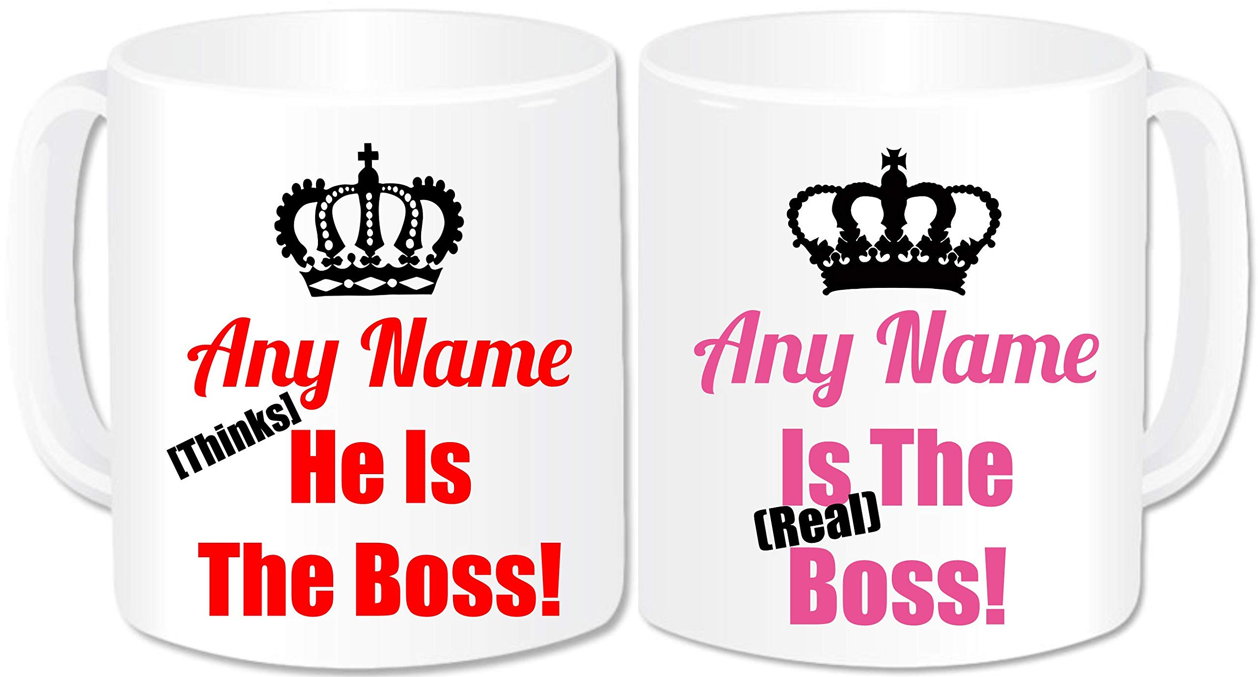 GOPERSONALISEDPersonalised The Boss The Real Boss Mugs Set of 2 - King Queen Couples Husband Wife His and Hers Gifts Idea for Engagement Wedding Anniversary Valentines (Standard 11oz)