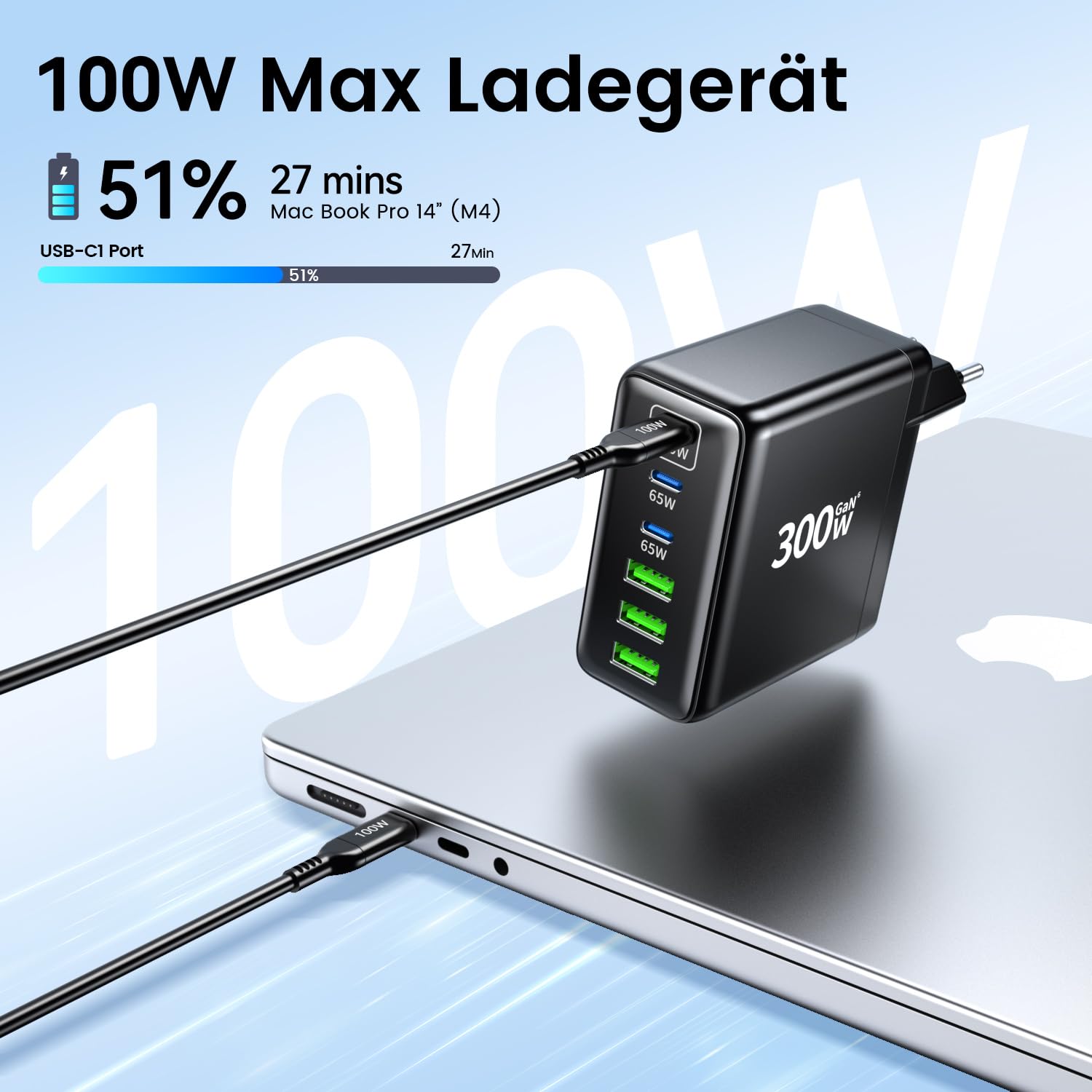 HSSNS 300W USB-C Ladegerät, 6 Port USB Ladegerät Mehrfach Schnellladegerät mit 3 USB-C und 3 USB-A, GaN PD Charger für MacBook iPad Pro/Air, iPhone 17 16 15 Pro Max, Samsung usw.