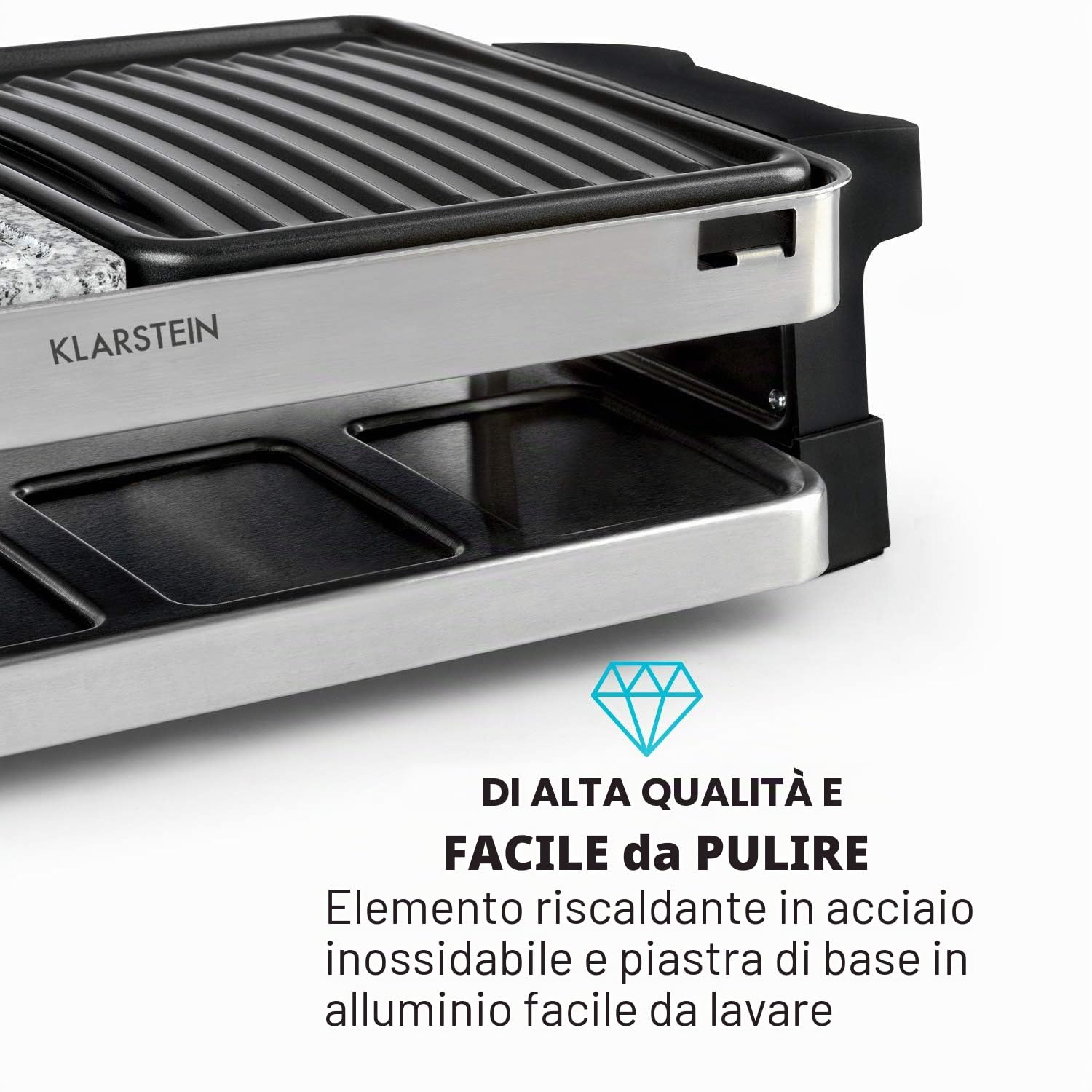 Klarstein Sirloin - Piastra per Raclette, Padelle per Raclette, 1500 Watt, 2 in 1: Alluminio e Pietra Naturale, Termoelemento in Acciaio Inox, Termostato Regolabile, per 8 Persone, Acciaio
