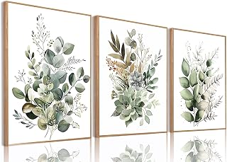 Bwodke Set of 3 Framed Sage Green Eucalyptus Watercolor Canvas Prints - Modern Minimalist Botanical Wall Art for Bedroom Living Room 12x16