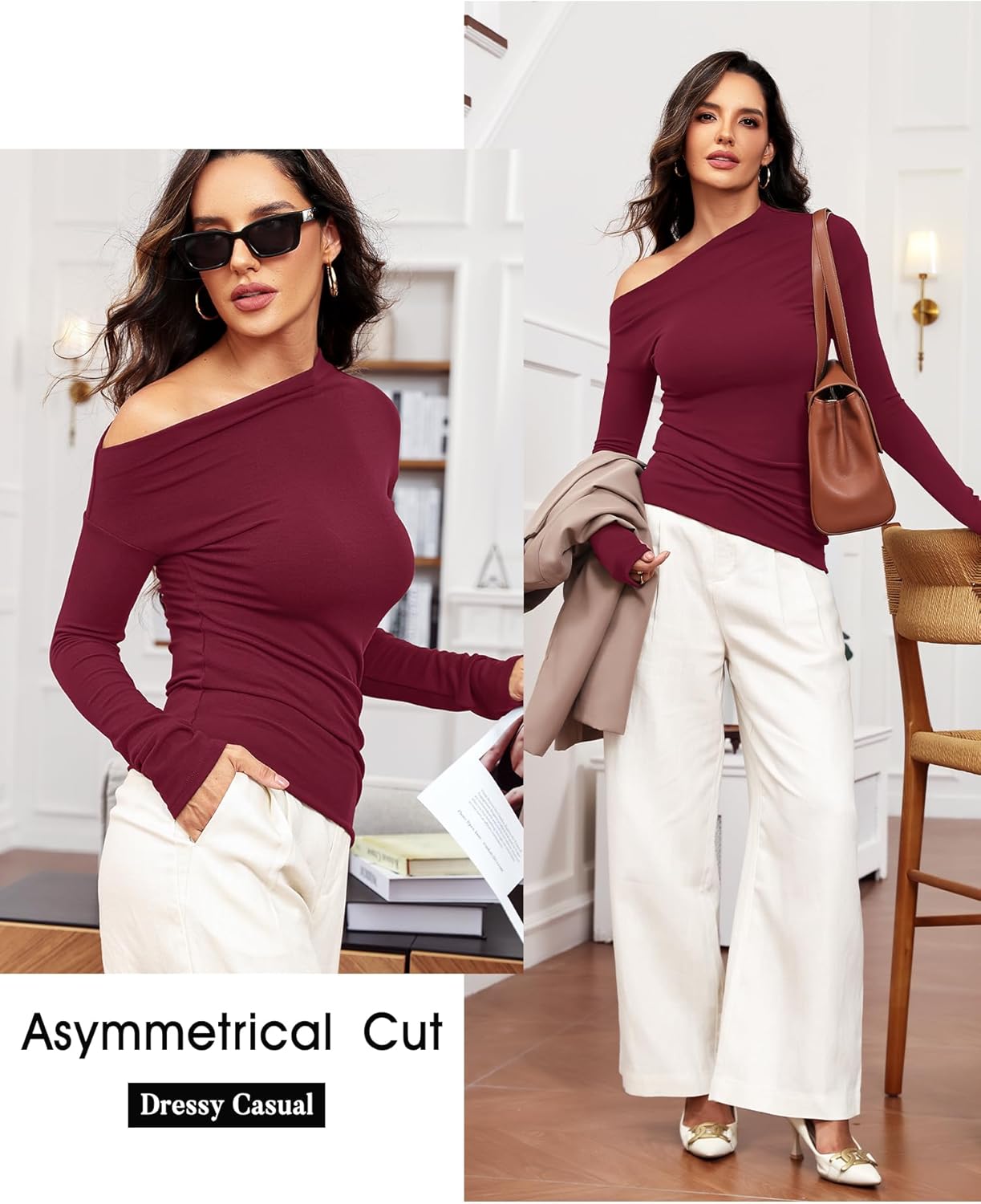 Women's Sexy Off Shoulder Tops Dressy Long Sleeve Asymmetrical Slim Fit Going Out Fall Blouse Ruched Shirts - Image 4