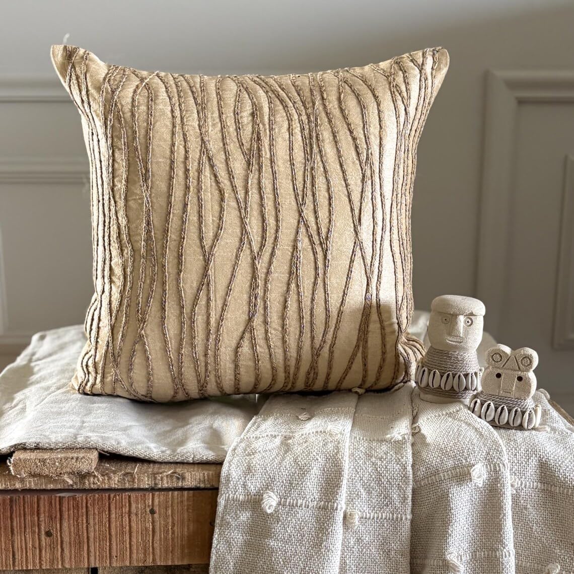 The HomeCentric Cushion Covers, Beige Accent Throw Pillows 16x16 inch (40x40 cm) Silk Decorative Pillowcase, Striped, Contemporary Toss Pillow Covers Easter - Jute Cords