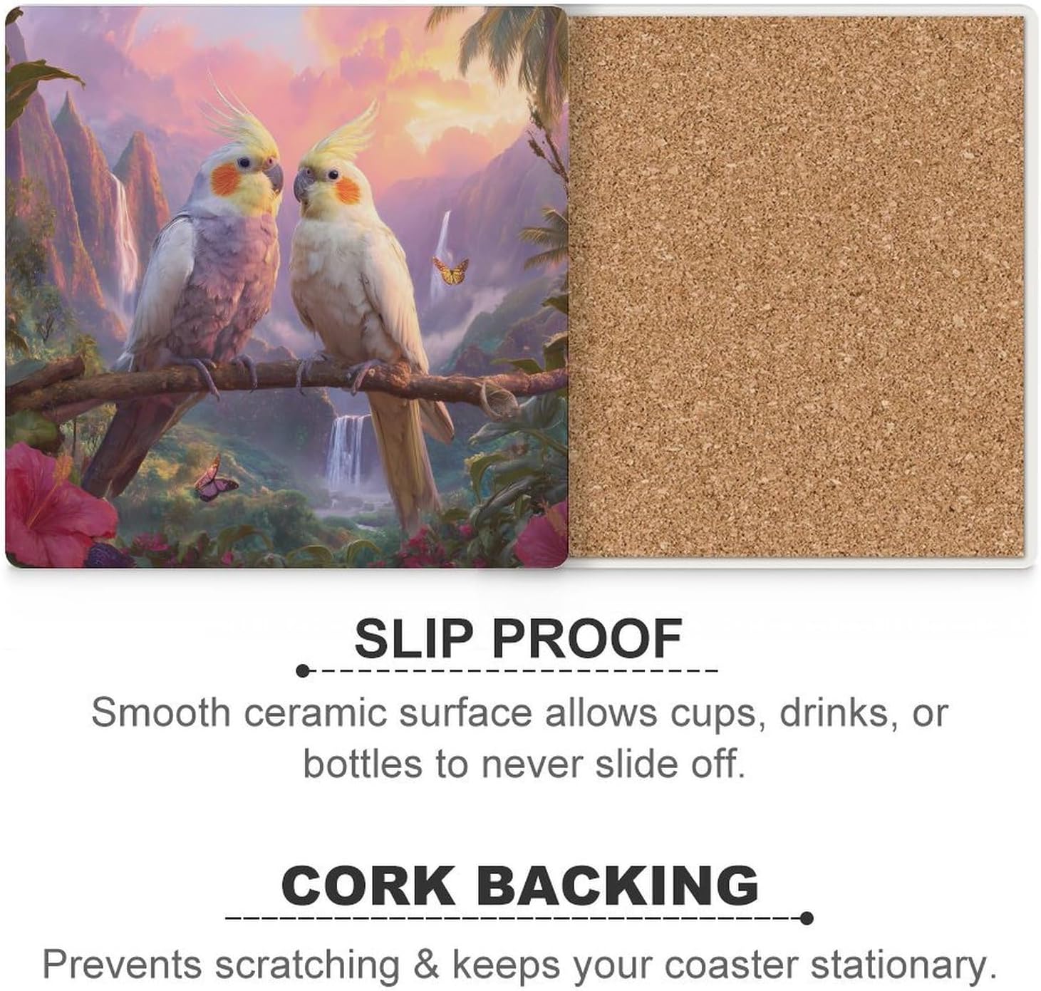 Tropical Cockatoo Parrot Birds Coaster for Drinks Square Ceramic Table Coasters Stone Mat Crafts 4PCS Home Kitchen Decor
