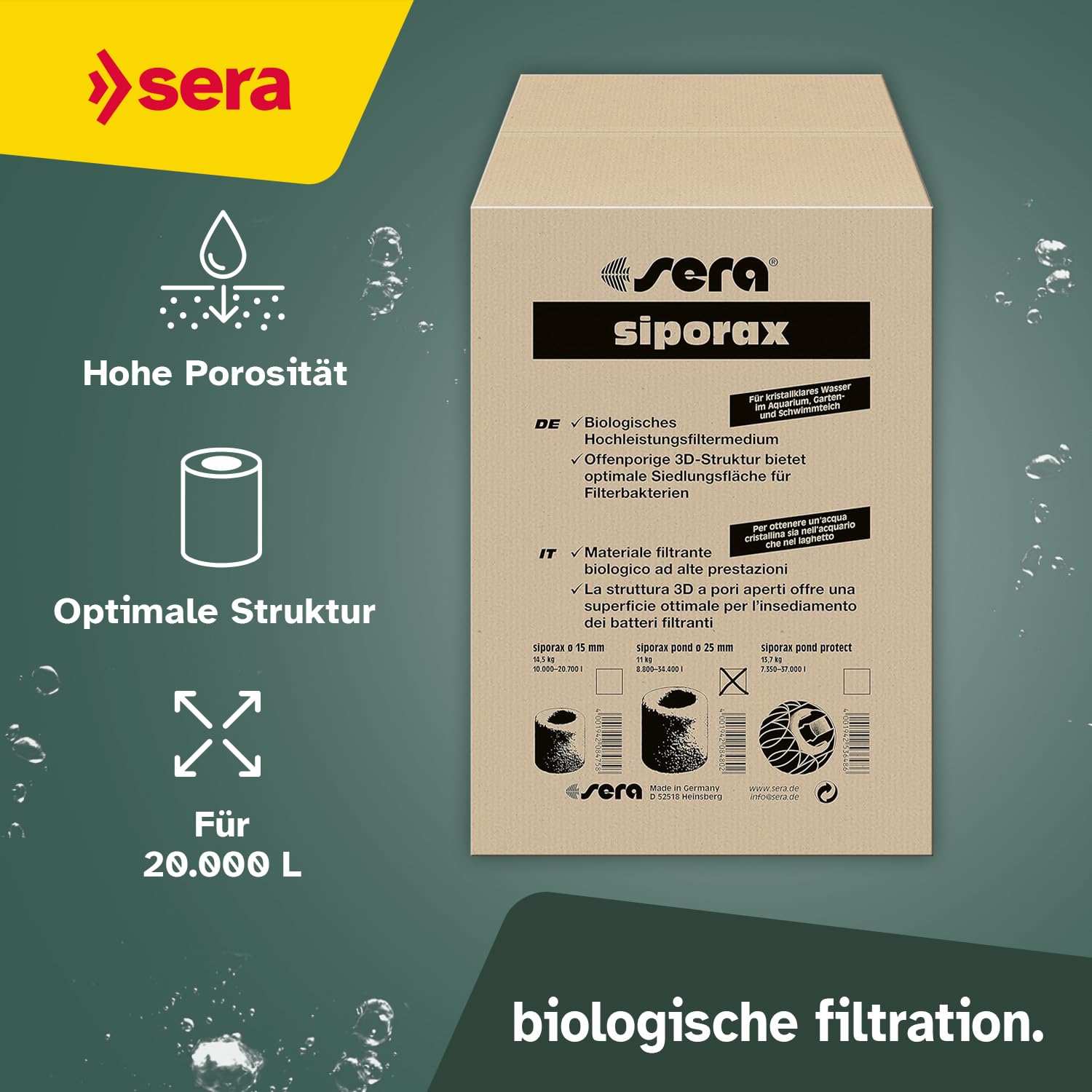 sera pond siporax original 50 L 11 kg | elementi di filtraggio per laghetto 25 mm 50.000 ml | materiale filtrante per filtri nel laghetto | filtraggio biologico attraverso i batteri