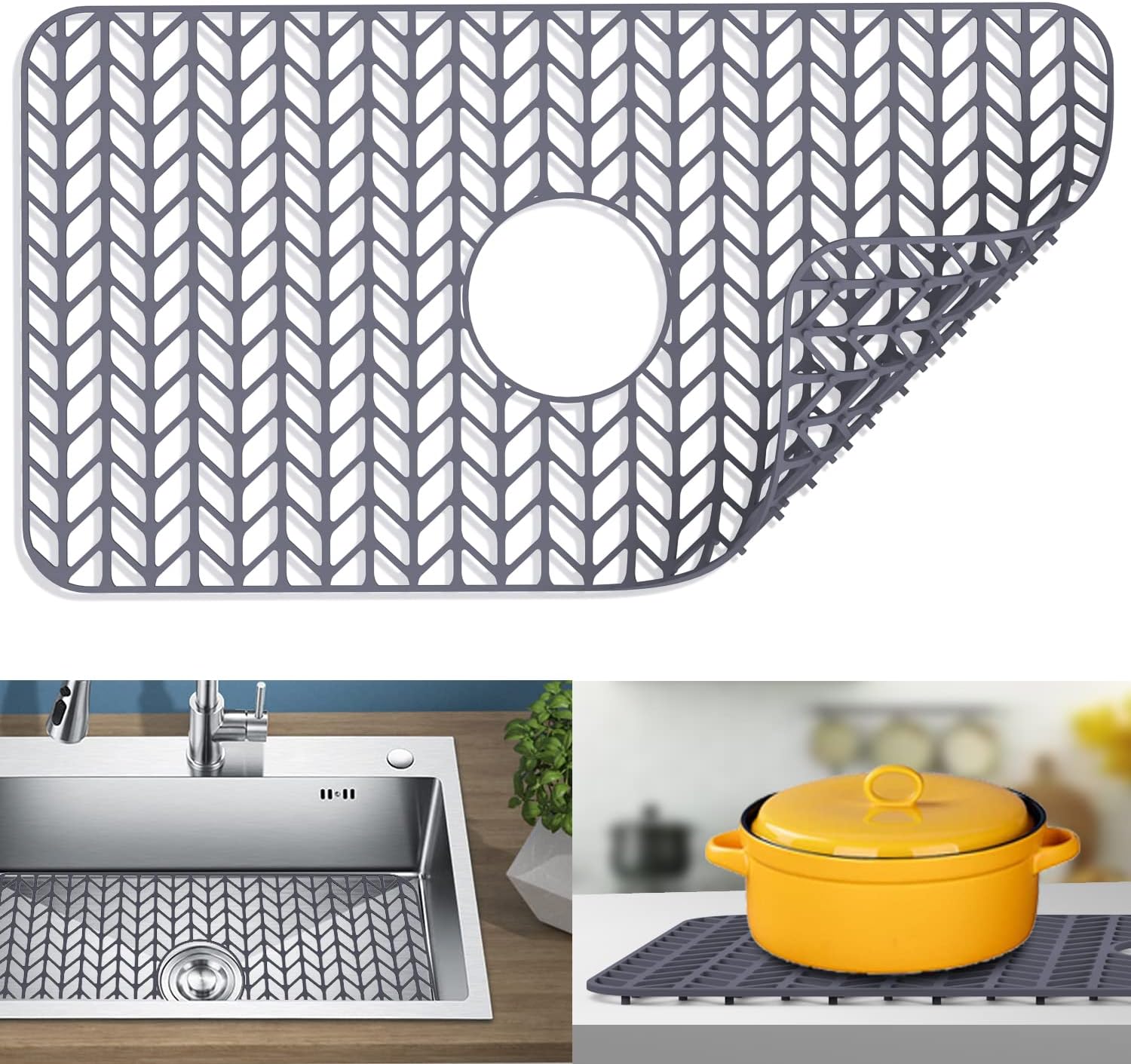 Sink protectors for kitchen sink |16"18"19"24"26"28"29"silicone sink mat| Silicone Kitchen Sink Mat Grid for Bottom of Farmhouse Stainless Steel Porcelain Sink(26"x 14" Center Drain Gray) 26"x 14"Center Drain Gray