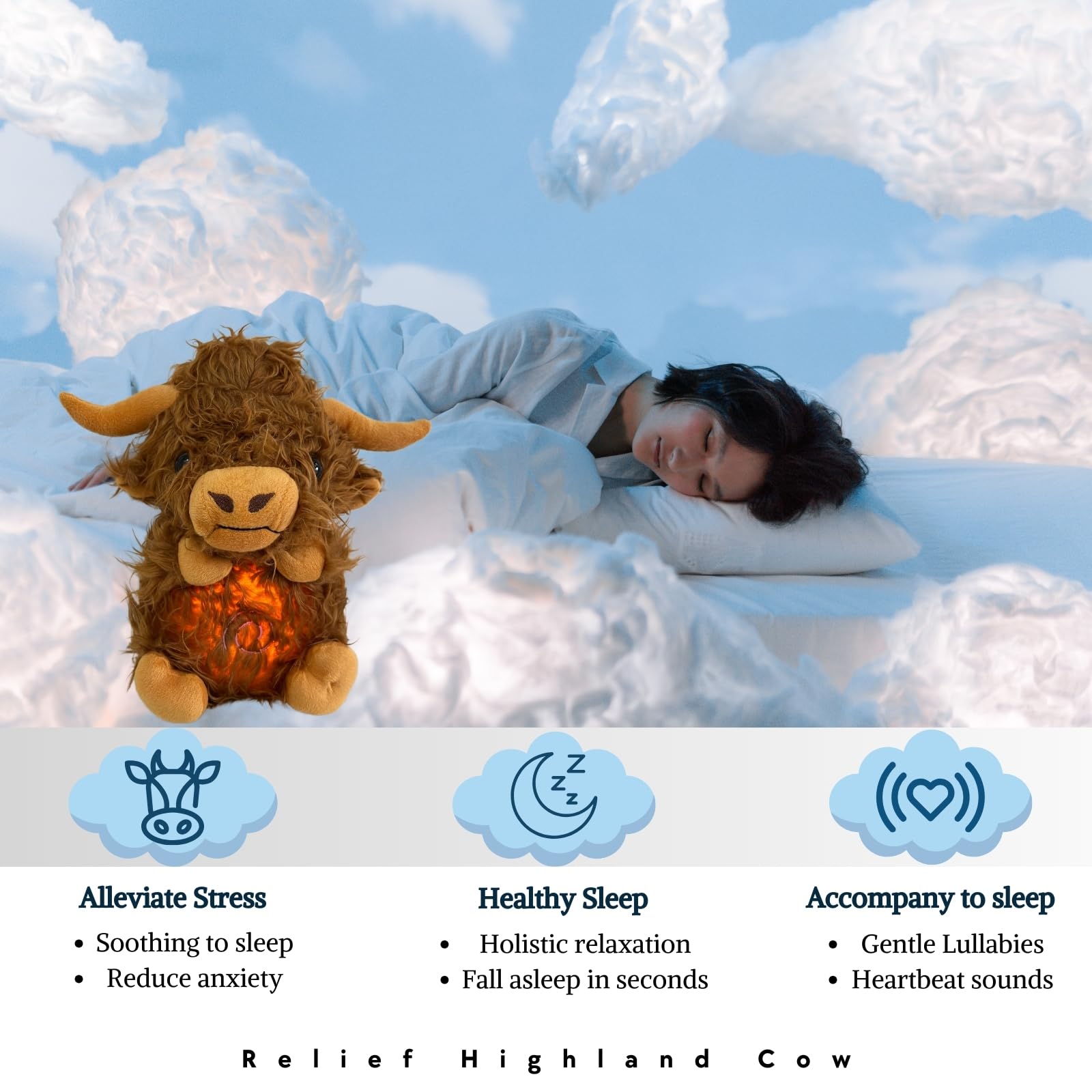 JULI Anxiety Relief Koala Highland Cow, Breathing Teddy Anxiety Bear with Calming Music, Lights, Sleeping Otter Plush - Image 4