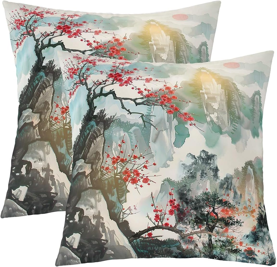 Feelyou Japanese Style Throw Pillow Covers 24"x24" Set of 2 Cherry Blossoms Decorative Pillowcase Fuji Mountain Decor Home Decor Cushion Cover Red Sun Ink Painting Down Outdoor Pillows Covers