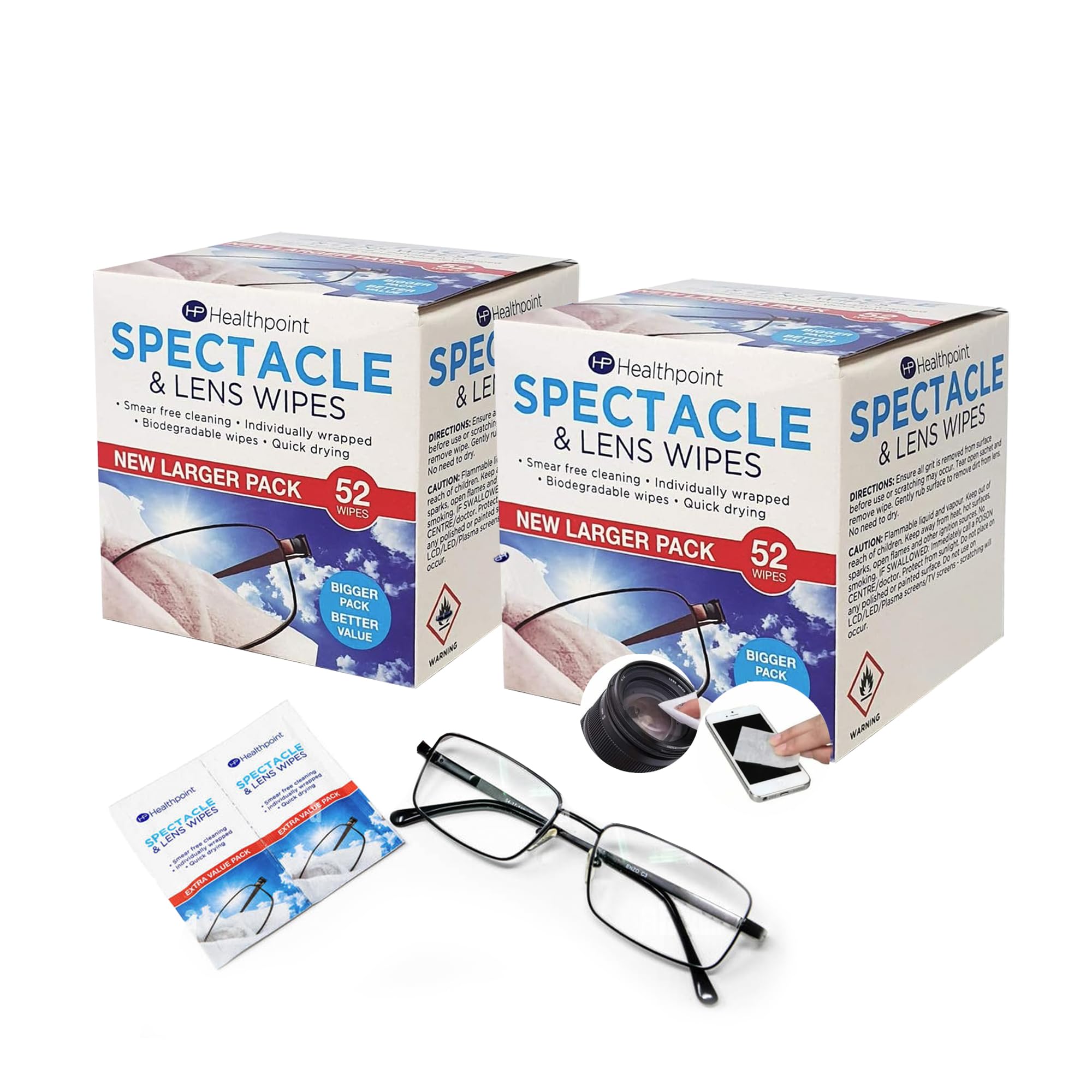 Healthpoint 104 Pack Spectacle and Lens Wipes - Gentle, Individually Wrapped Wipes for Streak-Free Cleaning of Glasses, Cameras, Binoculars, and Smartphone Screens - (2 x Packs of 52)