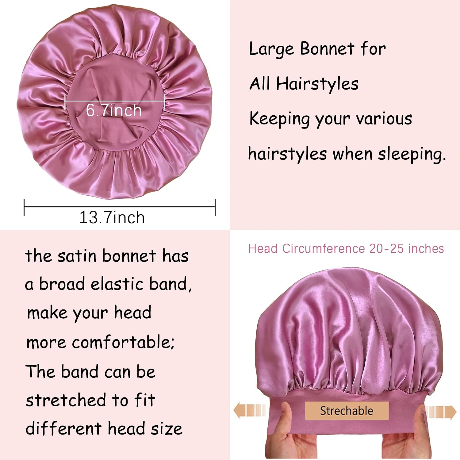 Satin Bonnet for Sleeping Women & Men - Silk Hair Bonnets with Elastic Wide Band, Sleep Cap for Curly Hair, Long Hair, Braids