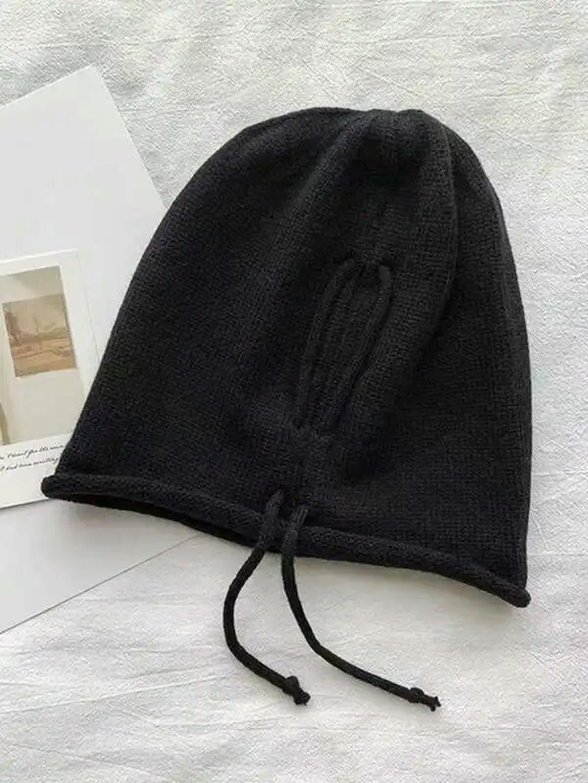 Kapelusz typu bucket ciepła dzianinowa workowata czapka beanie kobiety mężczyźni sznurek Kpop luźna czapka zimowa miękkie czapki na zewnątrz wiatroszczelna