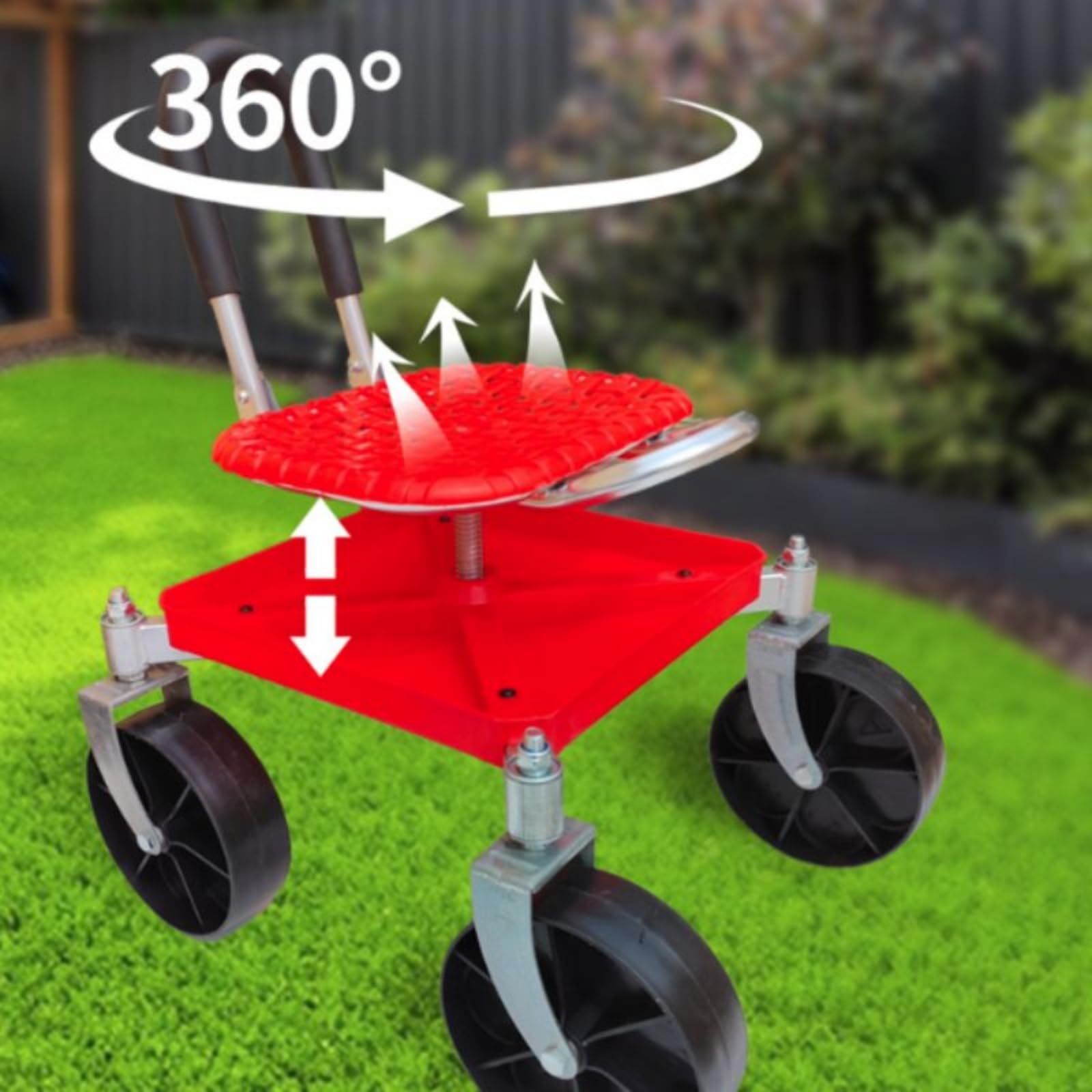 Sgabello con Ruote e Altezza Regolabile Ergonomico Sedia da Lavoro con Ruote Portatile Sedile da Giardino Girevole per Giardinieri, Anziani, Rosso