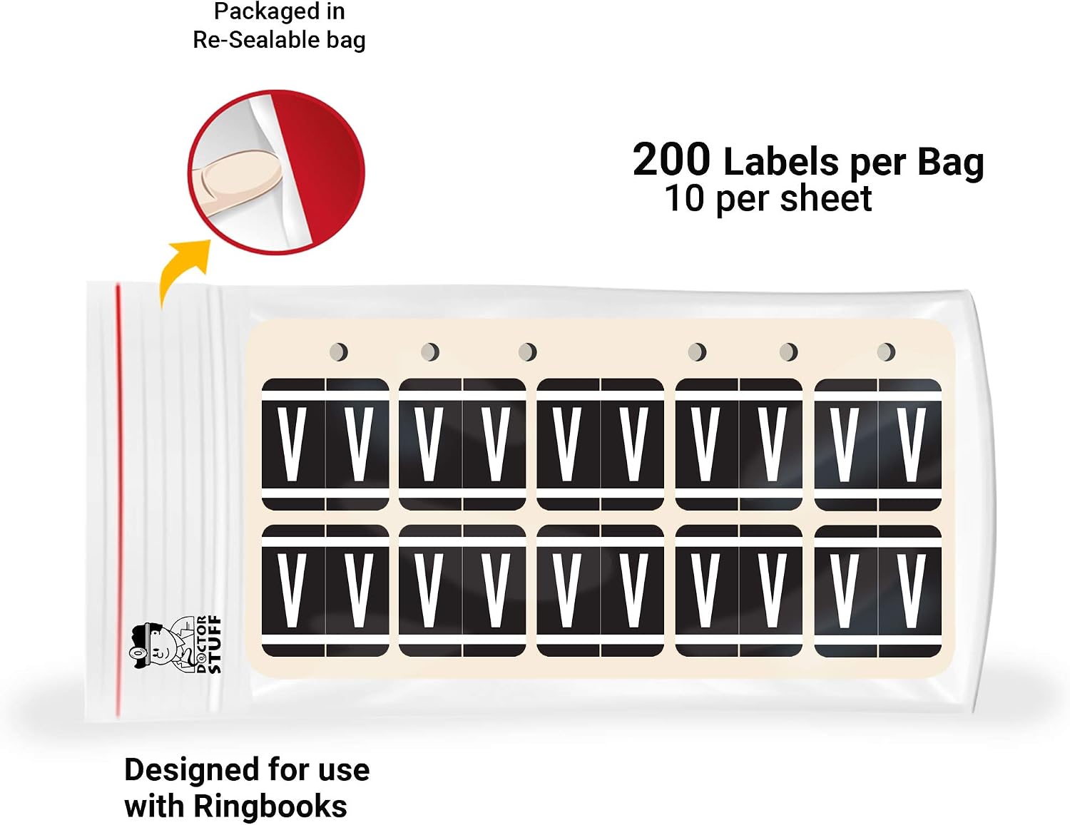 Doctor Stuff - File Folder Labels, Ringbook Sheets Alphabet Letter V, VRE/GBS 8850 - VRAM Series Compatible Alpha Stickers, Black, 1.3" x 1.25", 200/Package