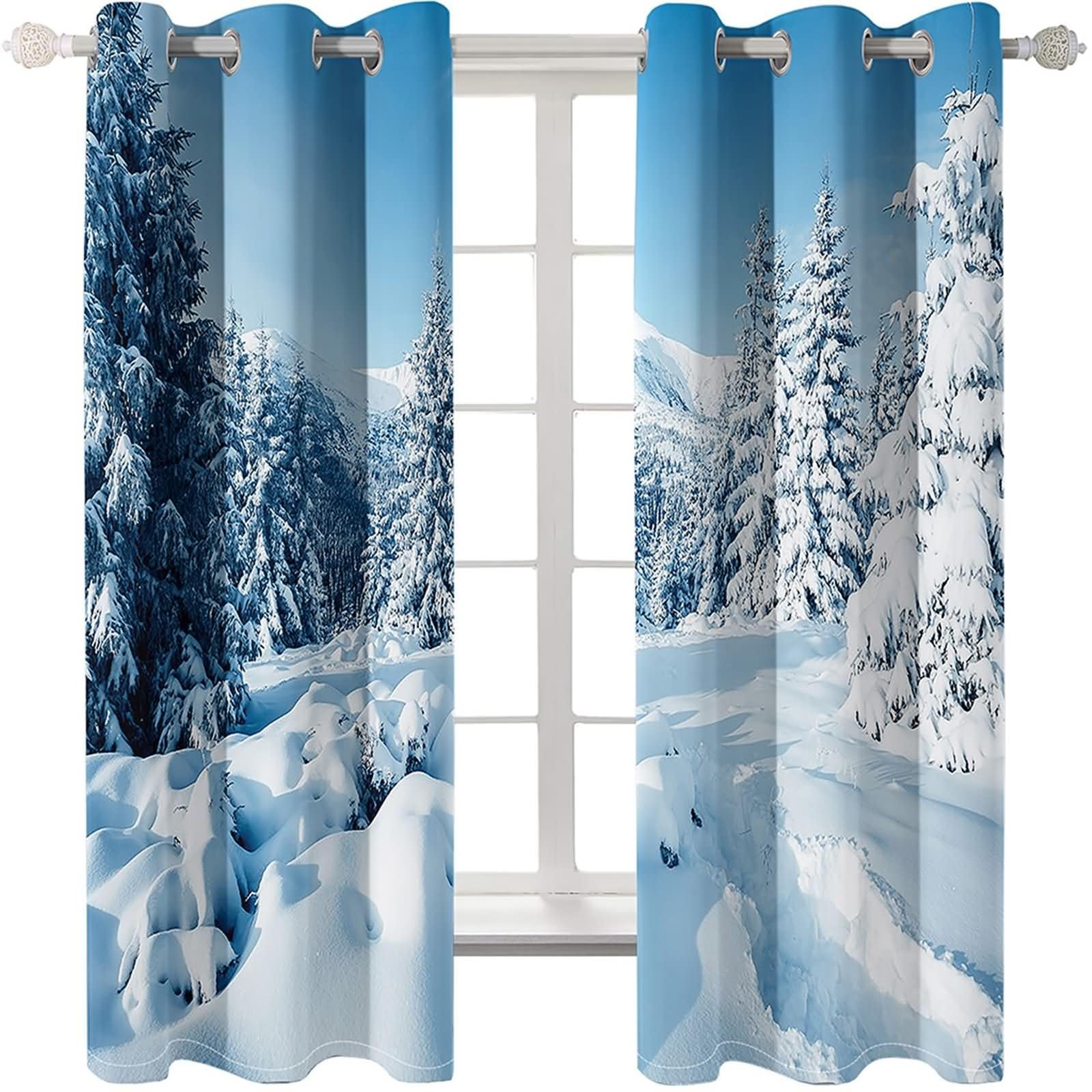 2er Set Vorhang Set Blickdicht,2 x 214W x 229H cm,Vorhänge Ösenringe Schneefallwaldlandschaft Gardine Vorhang für Schlafzimmer Blau Grau Weiß