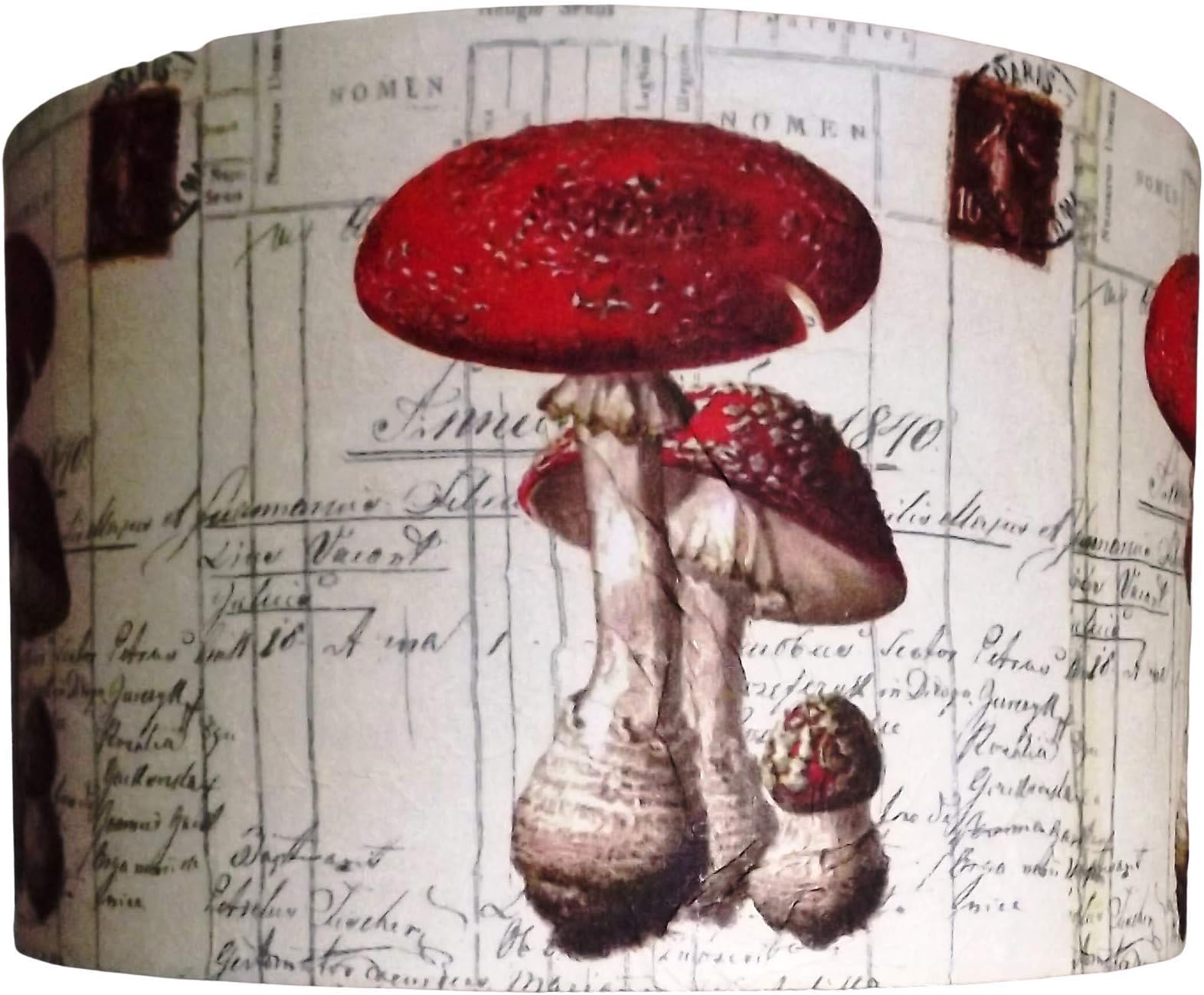 Mushroom Lampshade,Old script,red and cream, french, stamps, shabby chic