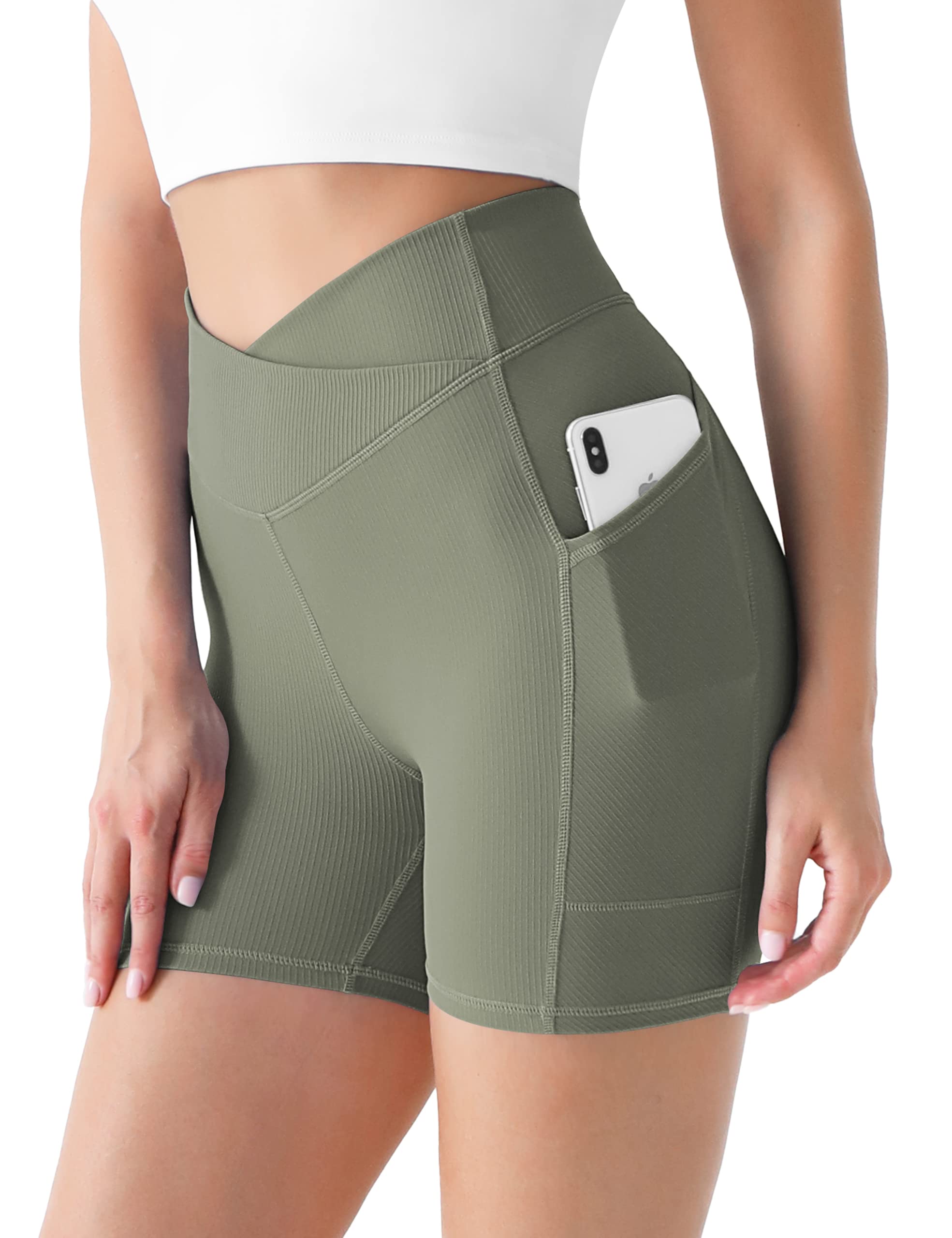 Desol 5" Cross Waist Biker Shorts with Pockets, Ribbed Women Yoga Shorts, Soft Tummy Control Tight Shorts for Gym Athletic