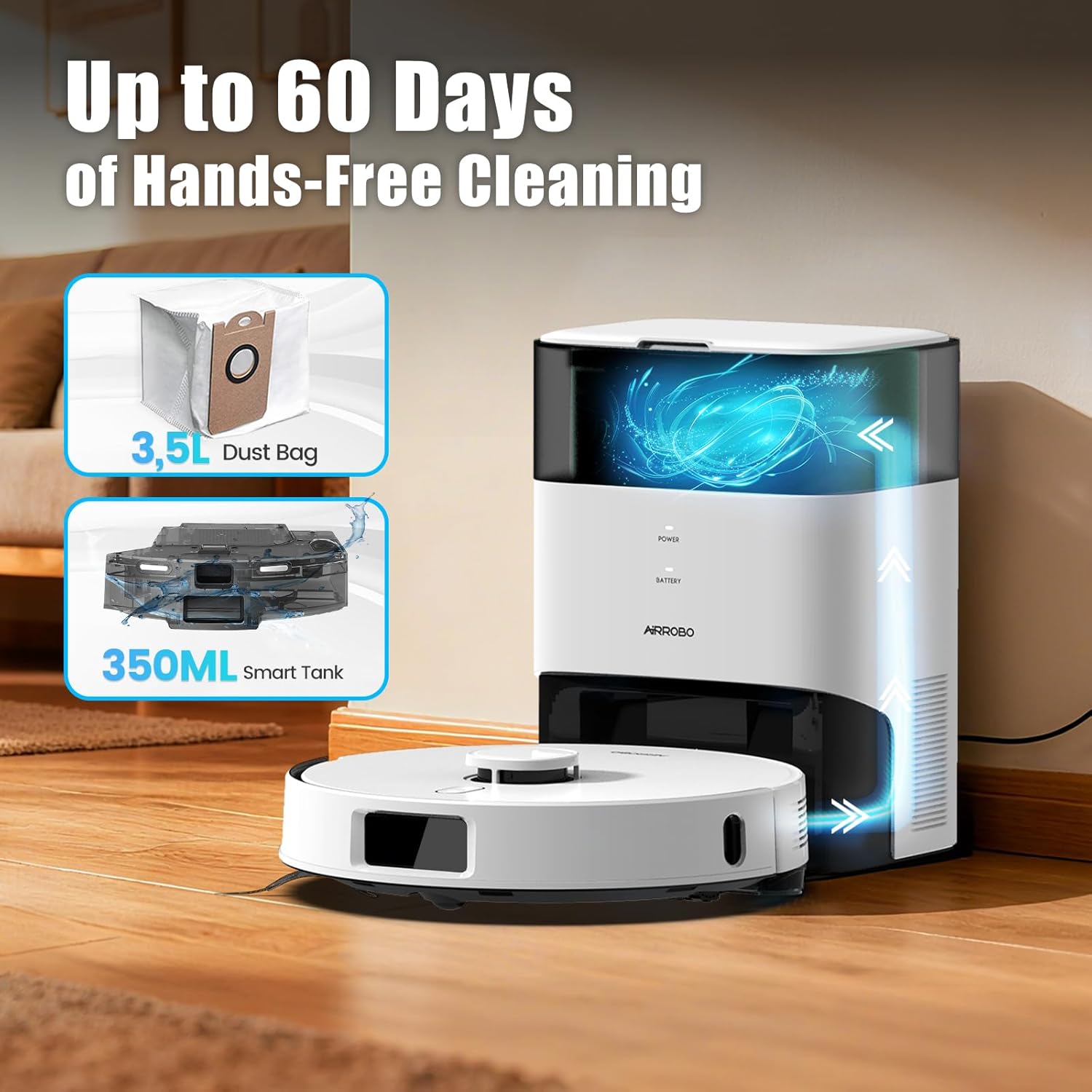 AIRROBO T30+ robot vacuum next to its self-empty charging station, illustrating the 60-day hands-free cleaning feature.