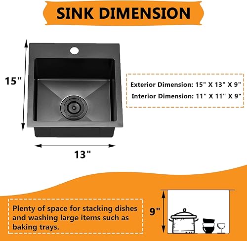 Miniatura 26 de VAPSINT Fregadero de bar de 21 x 20 pulgadas, color negro, calibre 16, acero inoxidable 304, hecho a mano, para cocina pequeña, al aire libre