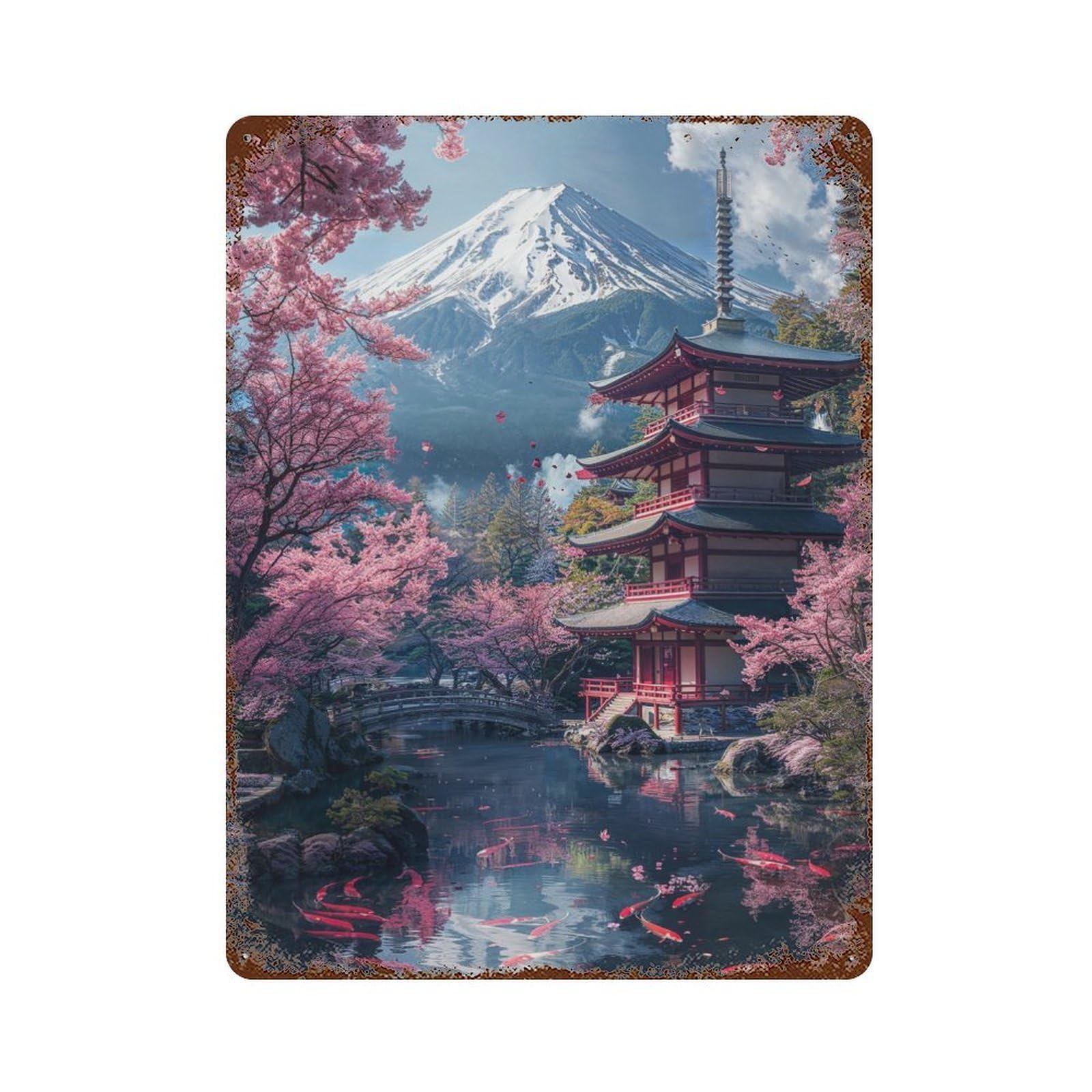 Japanese Fuji View Vintage Metal Tin Sign 15.7"x11.8", for Cafe, Home Bar And Lounge Decor, Vintage Wall Decor
