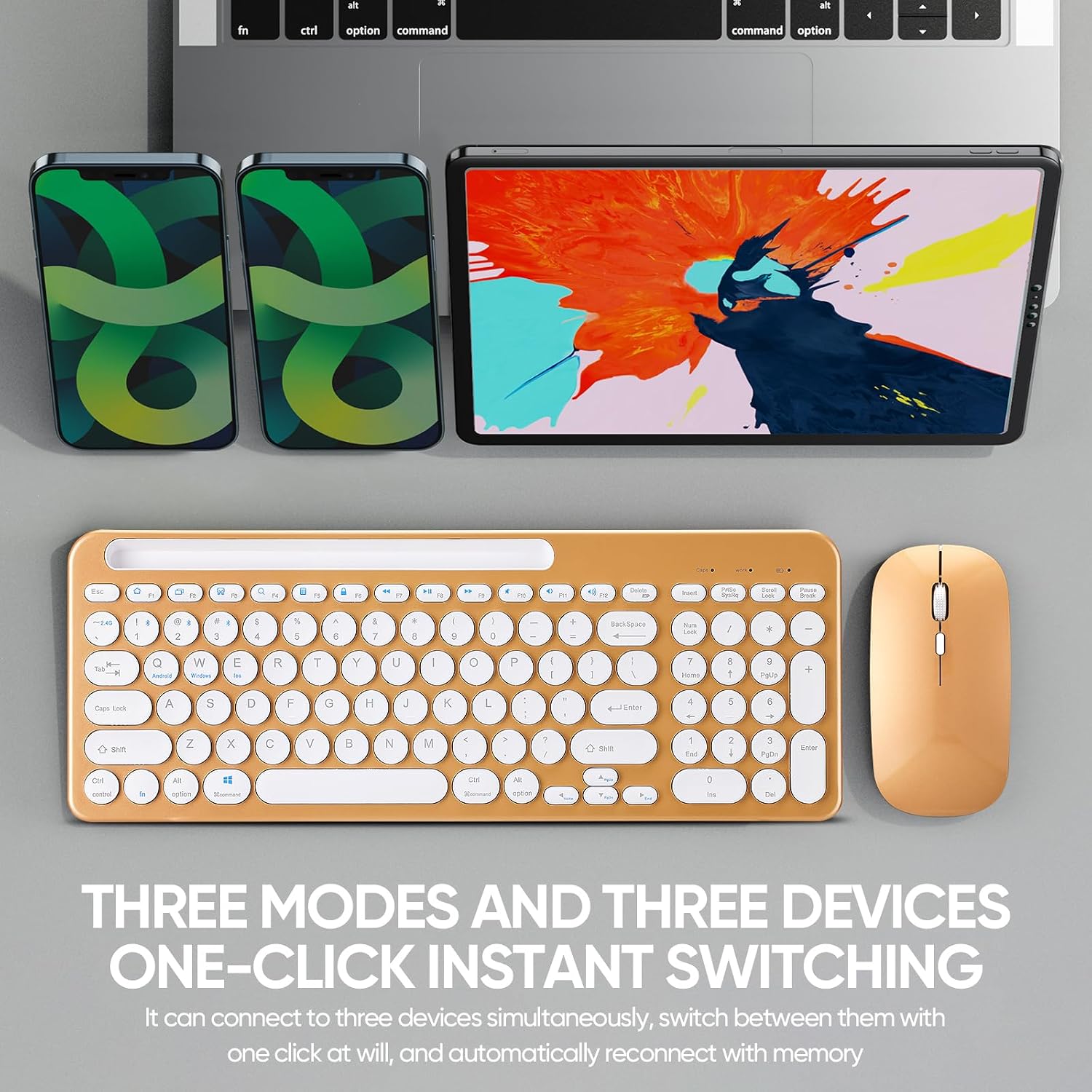 Wireless Keyboard and Mouse Combo with Phone Tablet Holder, Rechargeable Dual-Mode (Bluetooth 5.0 and 3.0 +2.4G) Multi-Device Silent Mouse for Windows, iPad, Tablet, MacOS,iOS,Android (Gold)