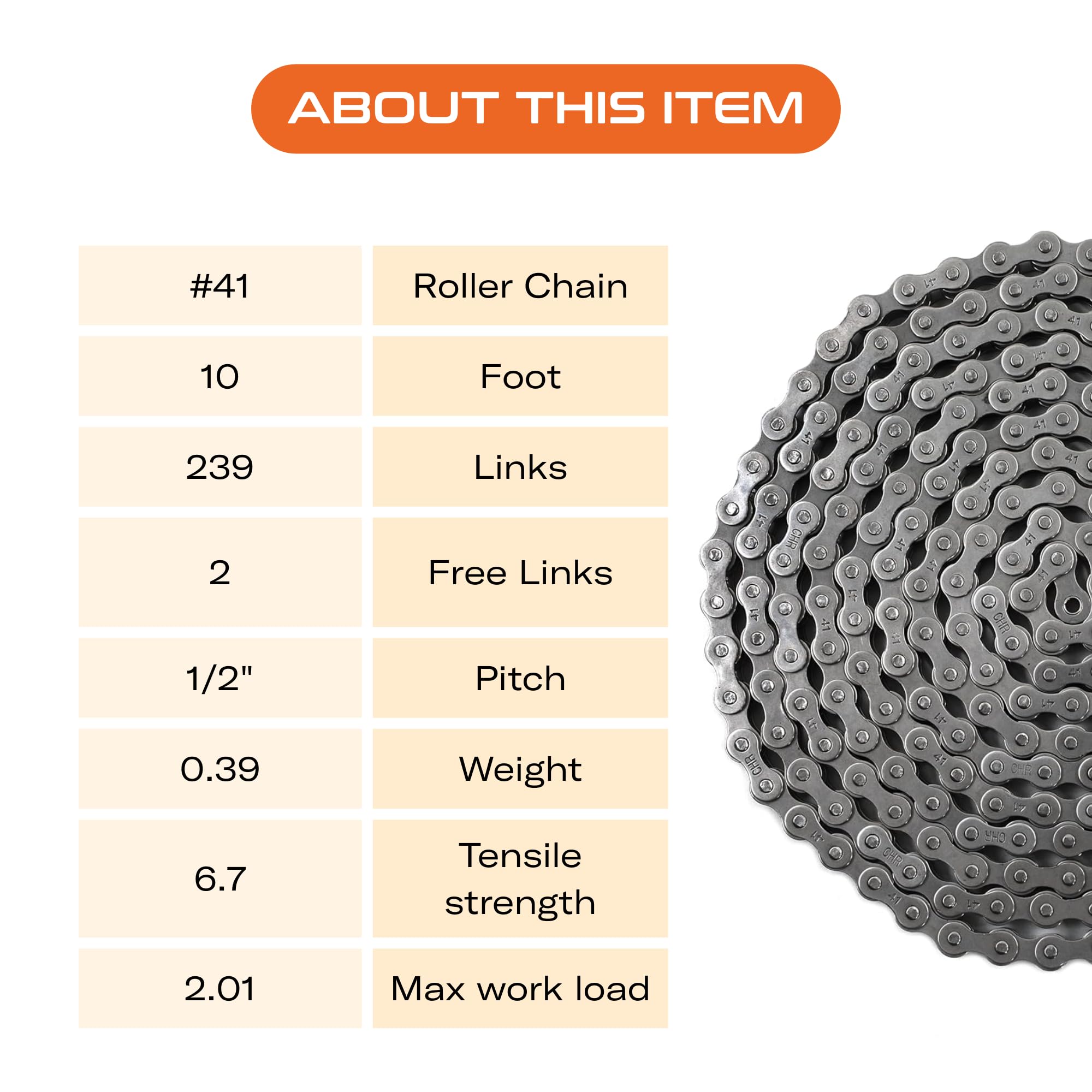 CHR #41 Roller Chain - 10FT | 239 Links + 2 Free Connecting Links | 1/2" Pitch, Carbon Steel | Industrial Chain for Bikes, Go-Karts, Bicycles & Machinery | ISO 9001-2000 Certified — Amazon image 3
