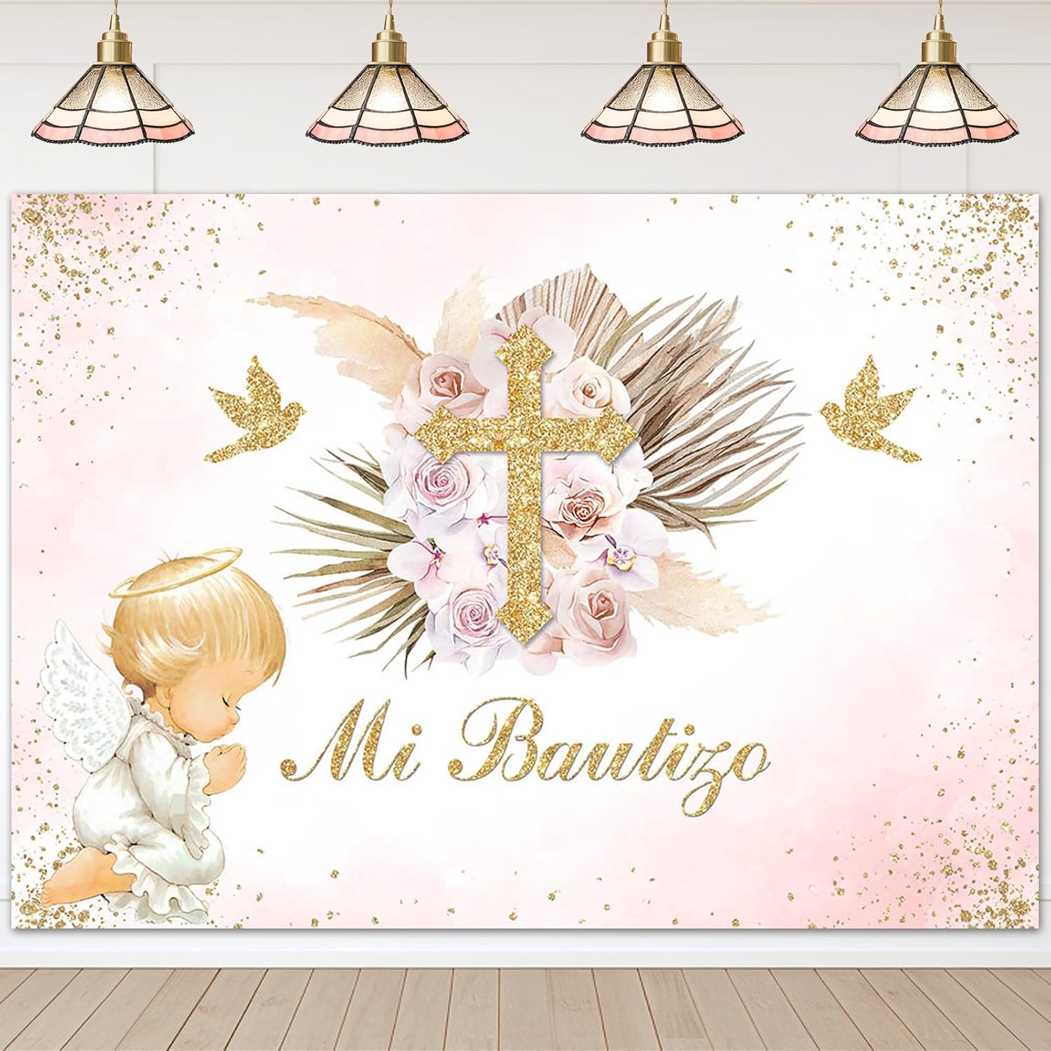 Avezano Mi Bautizo Backdrop Boho Baptism Party Decorations for Girl Blush Pink Floral Angel God Bless Photography Background Christening Newborn Baby Shower Props(8x6ft)
