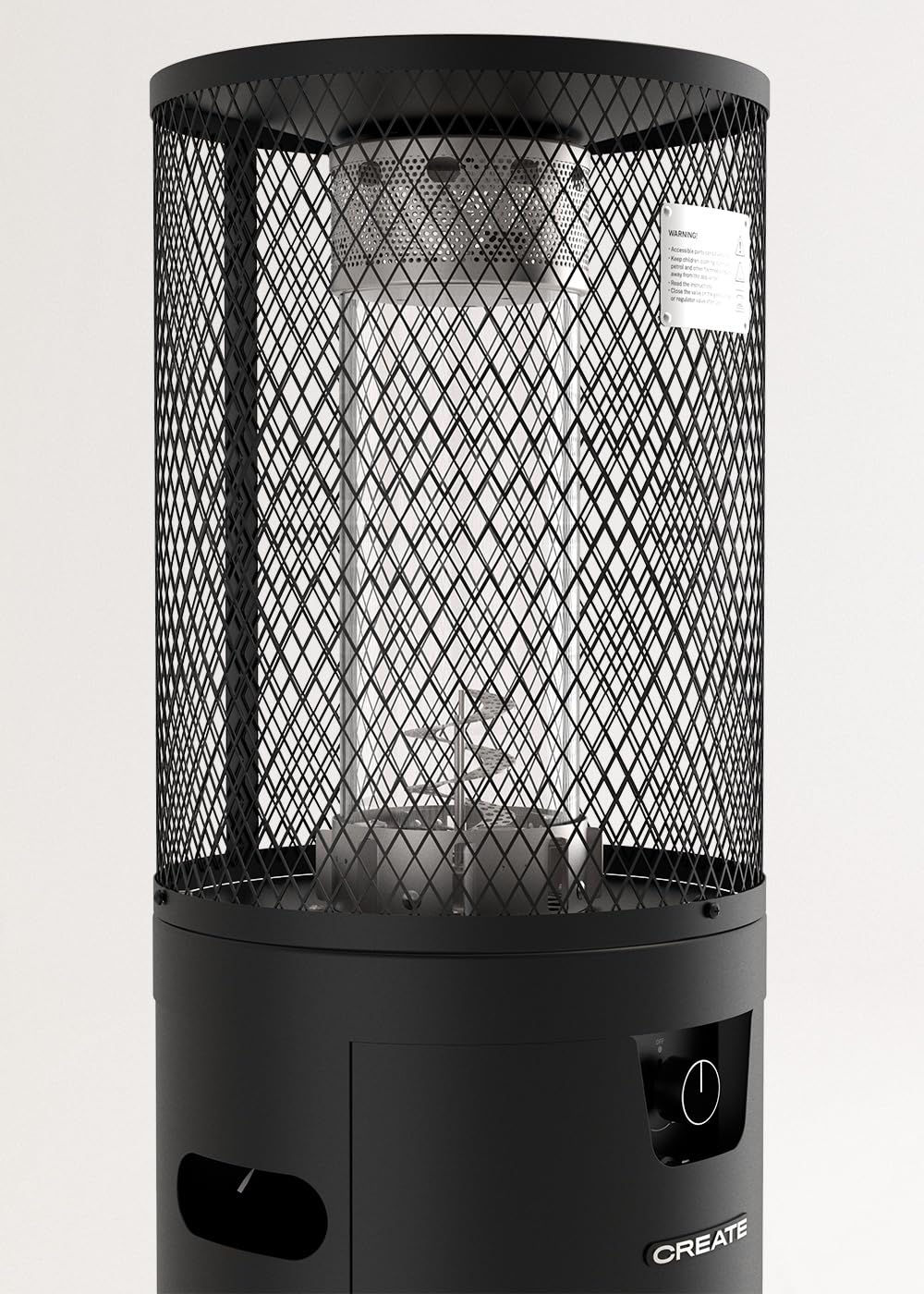 CREATE/FIRE ROUND HEATER/Calefactor de gas negro para terrazas y exteriores/Encendido eléctrico, llama regulable, sistema de seguridad, uso exterior, materiales resistentes, 8 kW