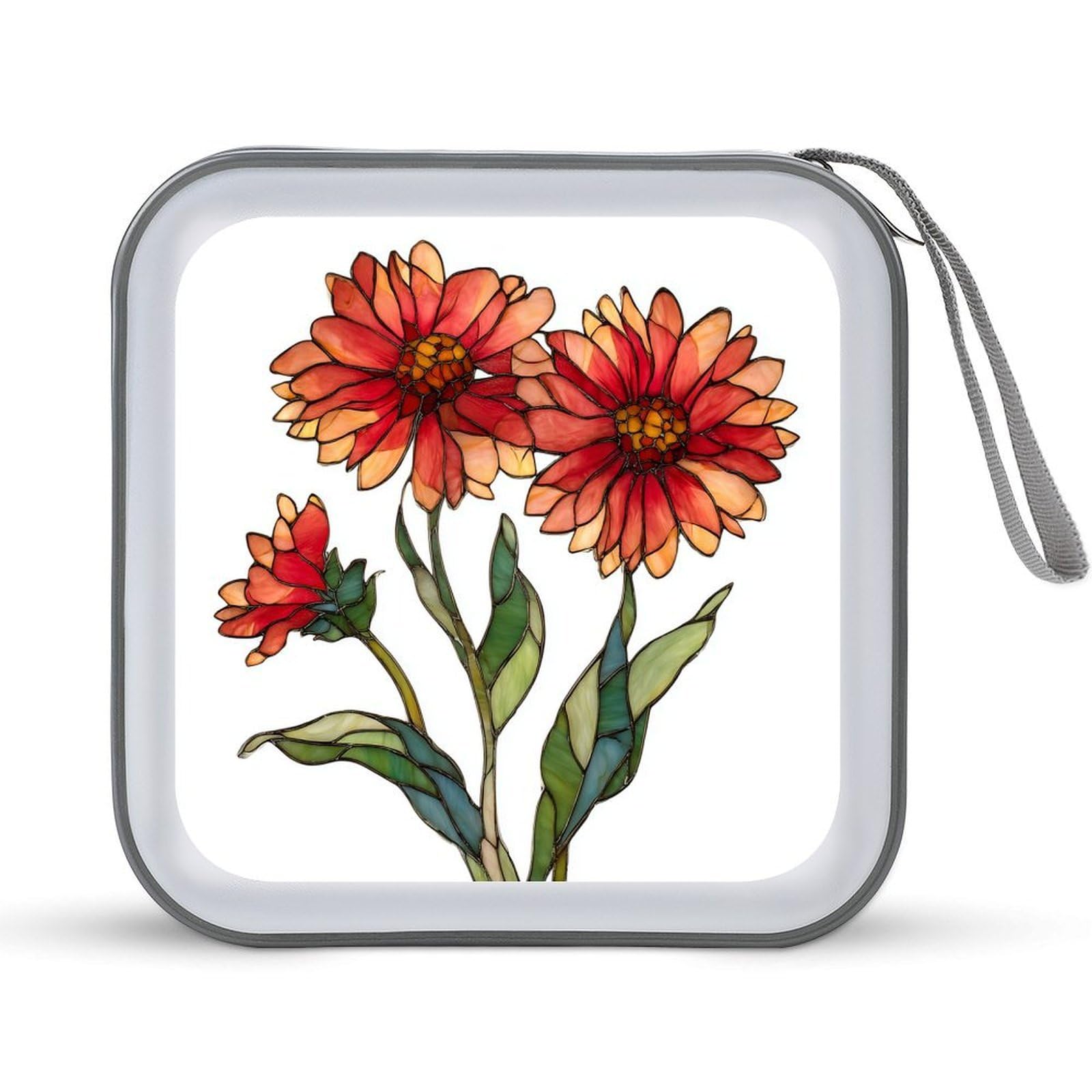 Jubonexis Stained Glass 3 Red Wildflower CD Case DVD Storage Case Portable for Car Home Travel