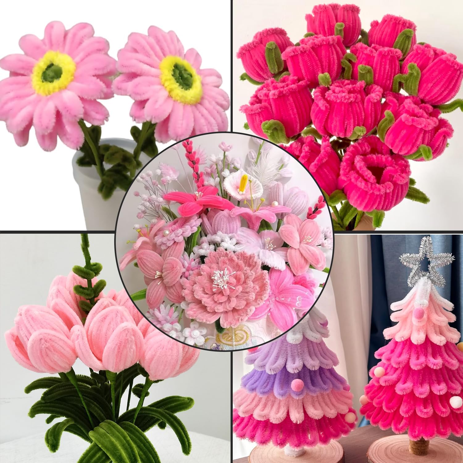 Cldamecy 500 Pcs Pink Series Pipe Cleaner Craft Set in 5 Assorted Colors,Fluffy Pipe Cleaners Chenille Stems for Christmas DIY Decorations,Art Projects